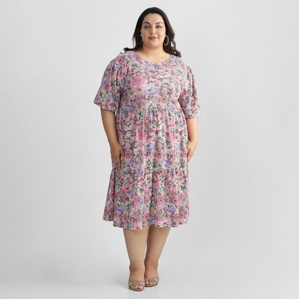 Rose Floral Midi Dress For Plus Size Women