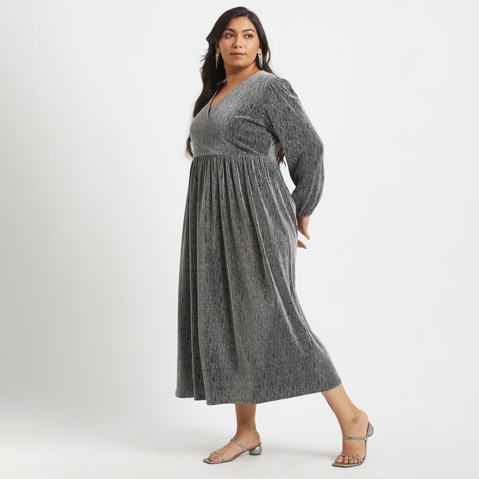 Silver Shimmer Wrap Dress For Plus Size Women