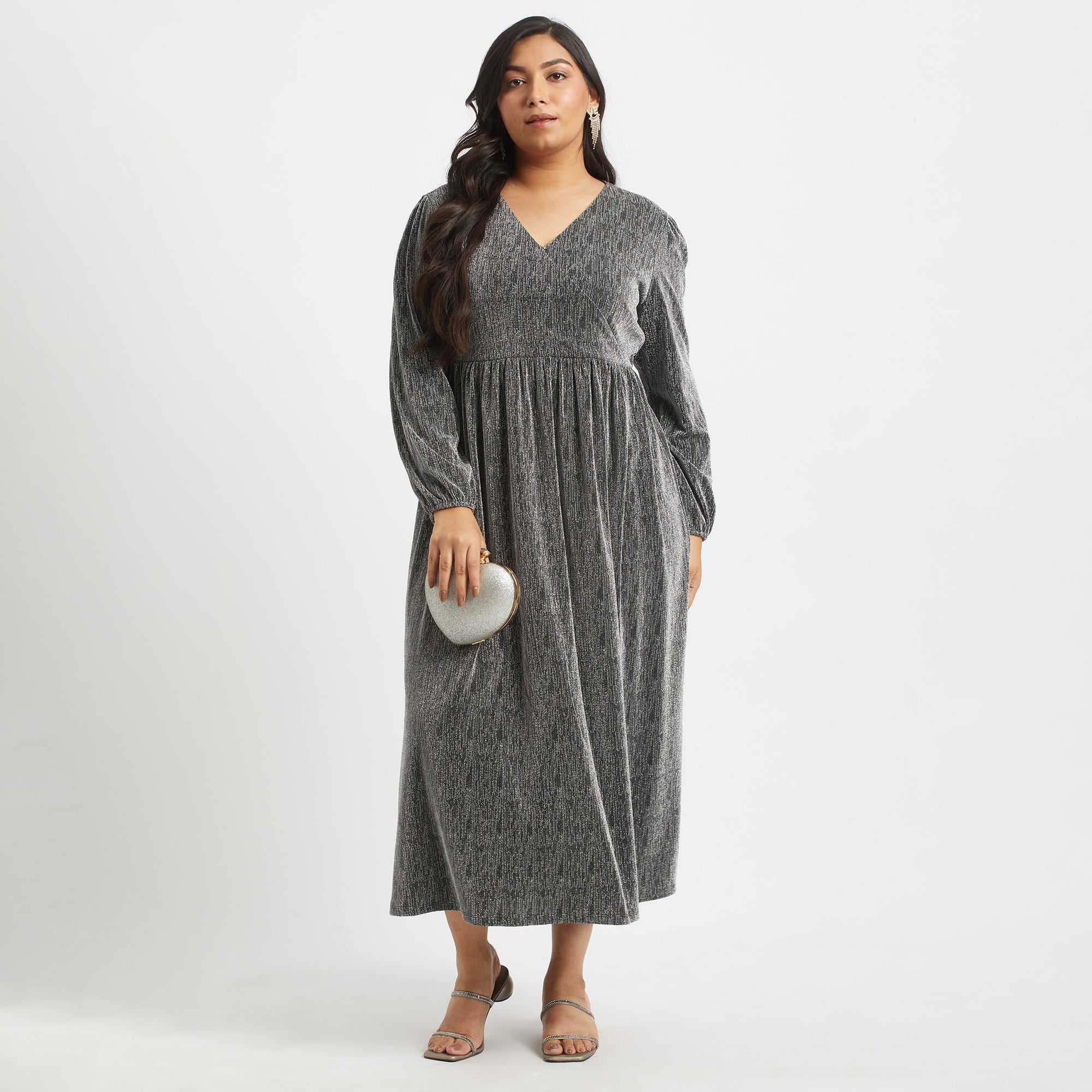 Silver Shimmer Wrap Dress For Plus Size Women