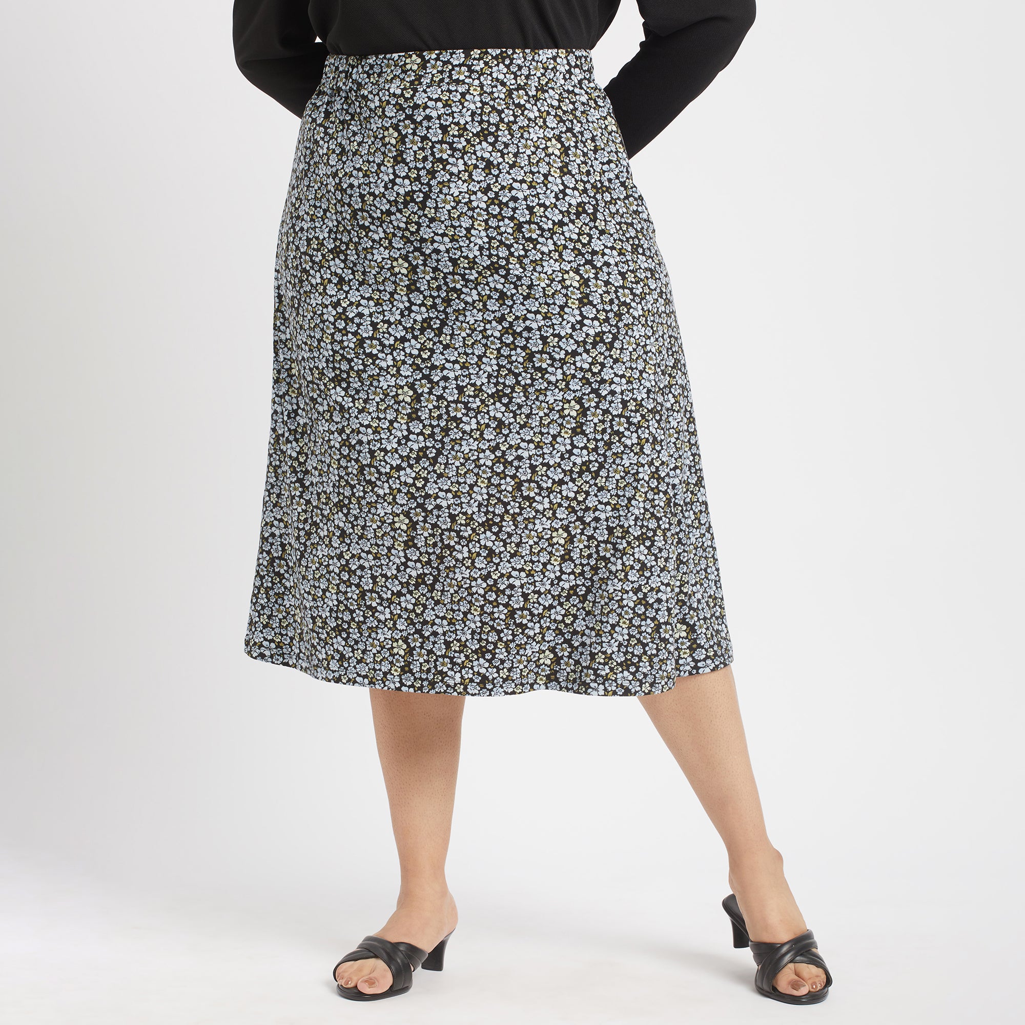 Blue Ditsy Floral Plus Size Knit Keyhole Skirt