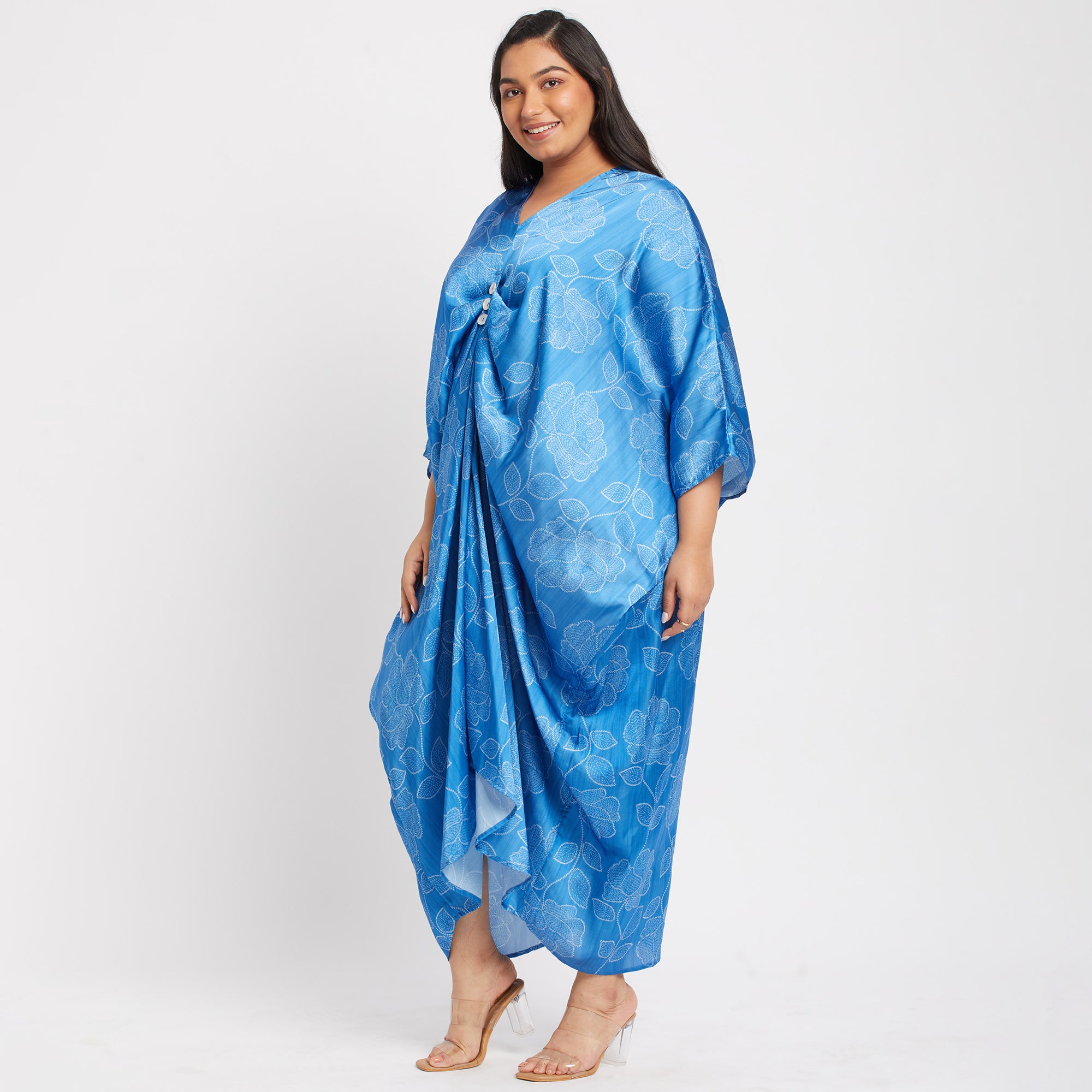 Button Detail Blue Satin Print Plus Size Kaftan