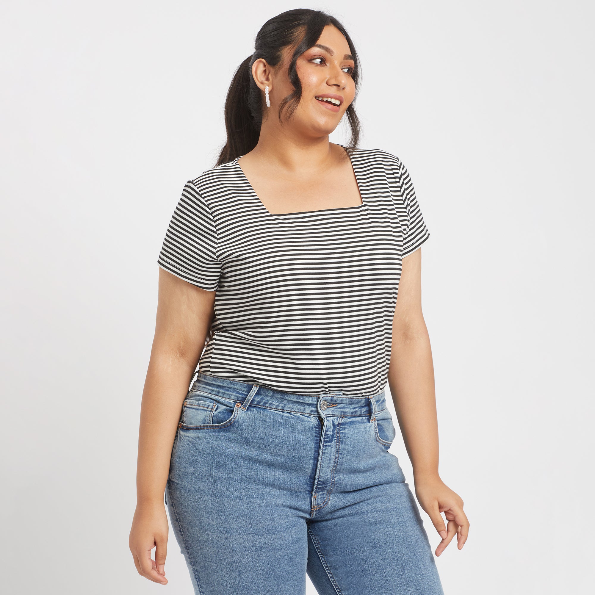 Monochrome striped plus size square neck top