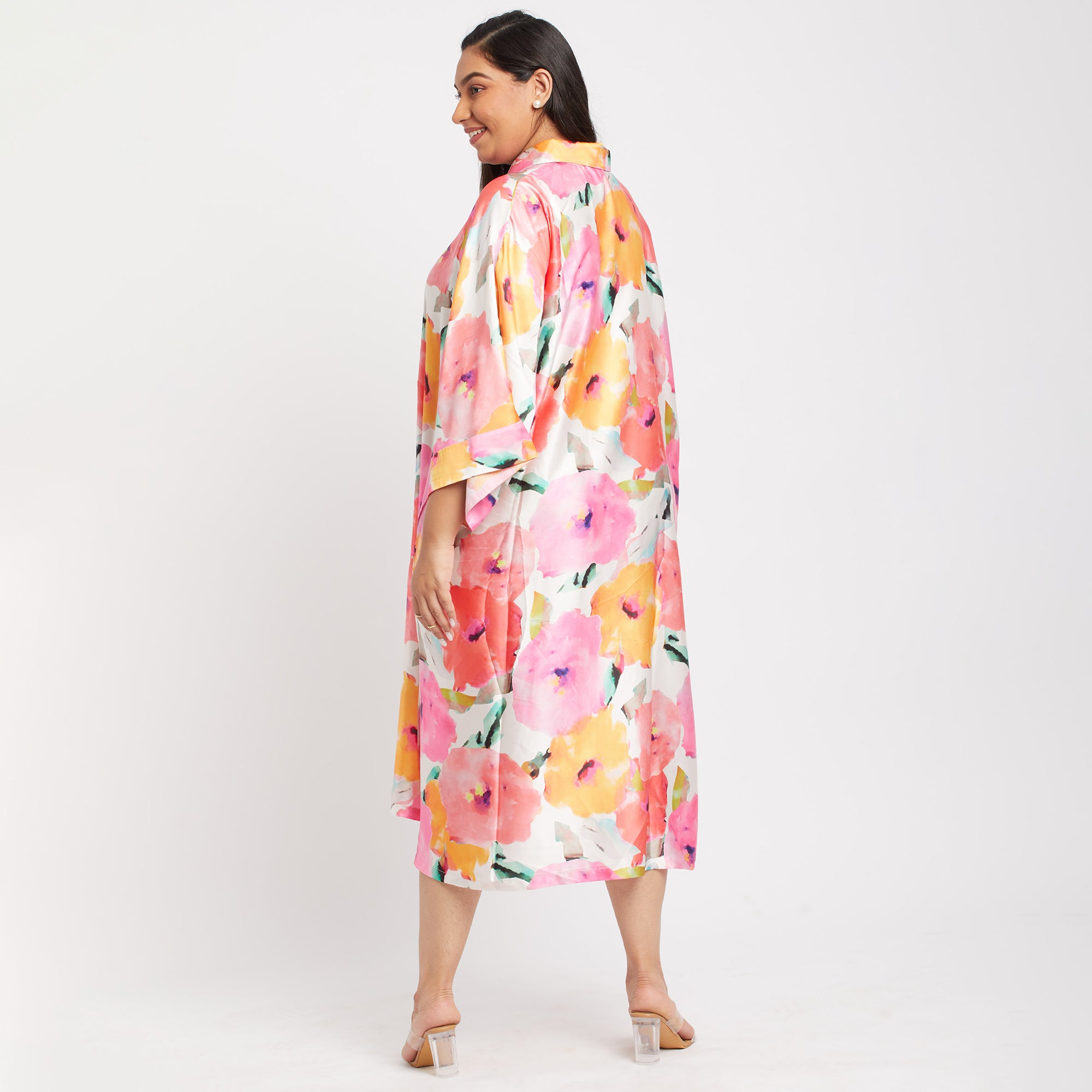 Pink Floral Satin Print Plus Size Kaftan