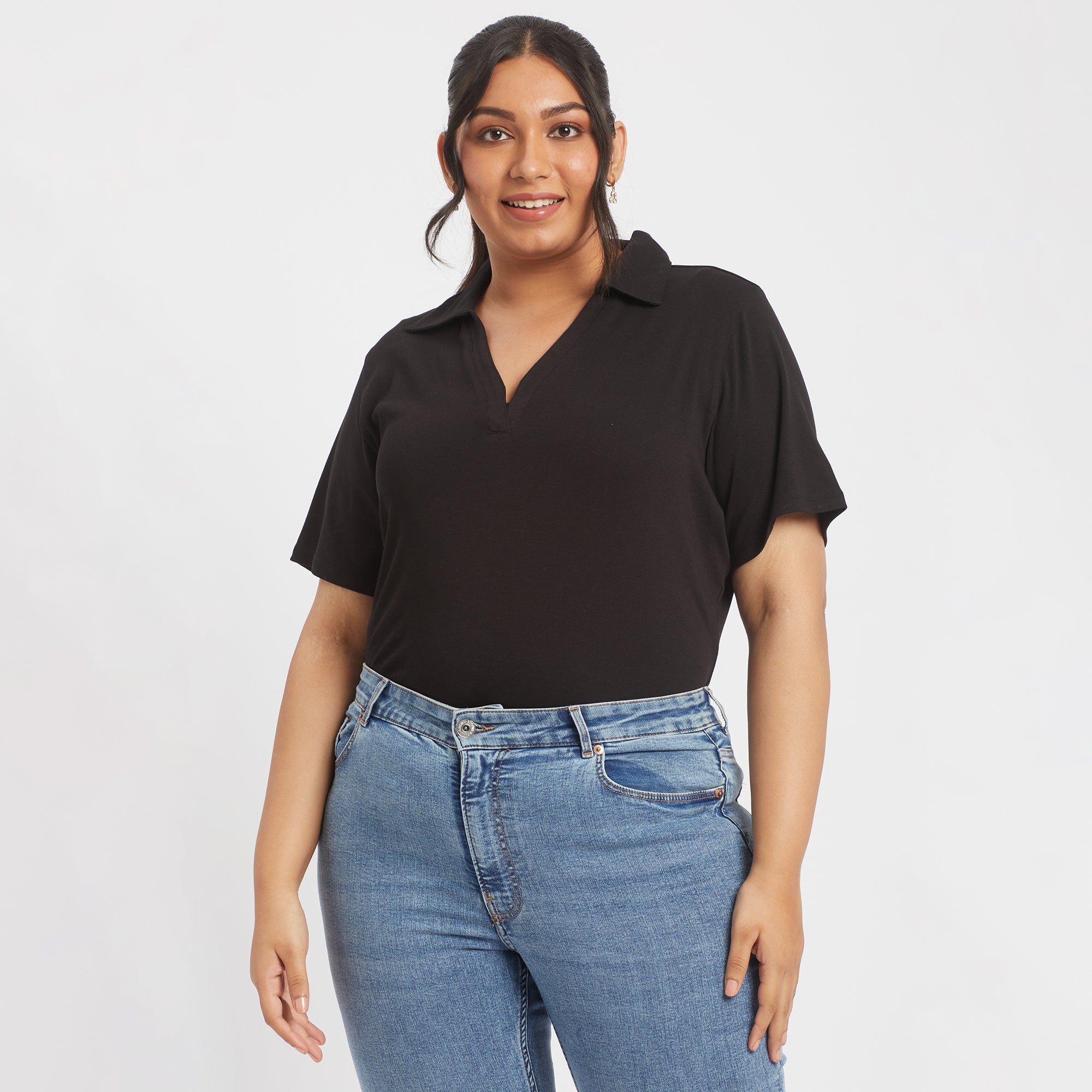 Black cotton rib plus size collared top