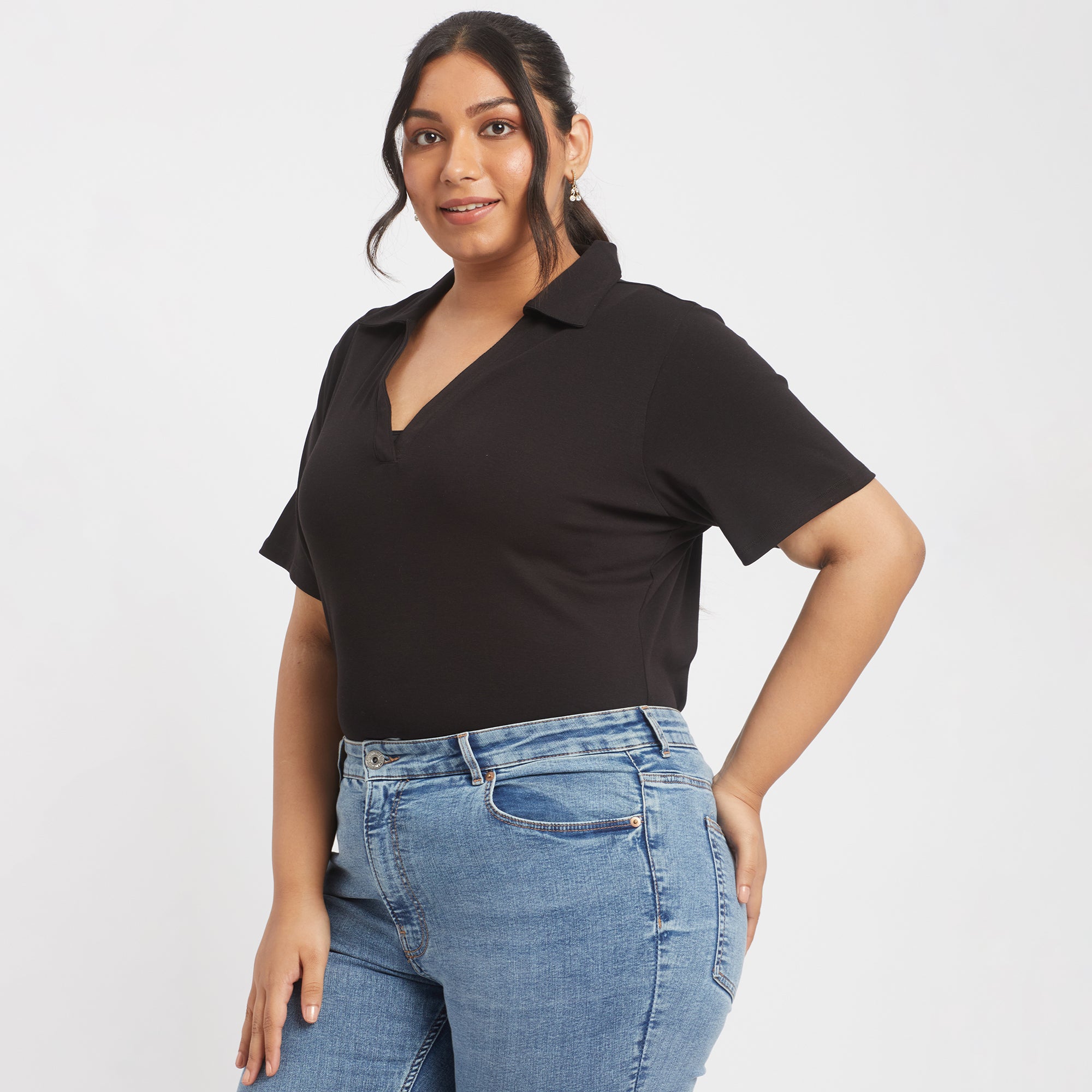 Black cotton rib plus size collared top