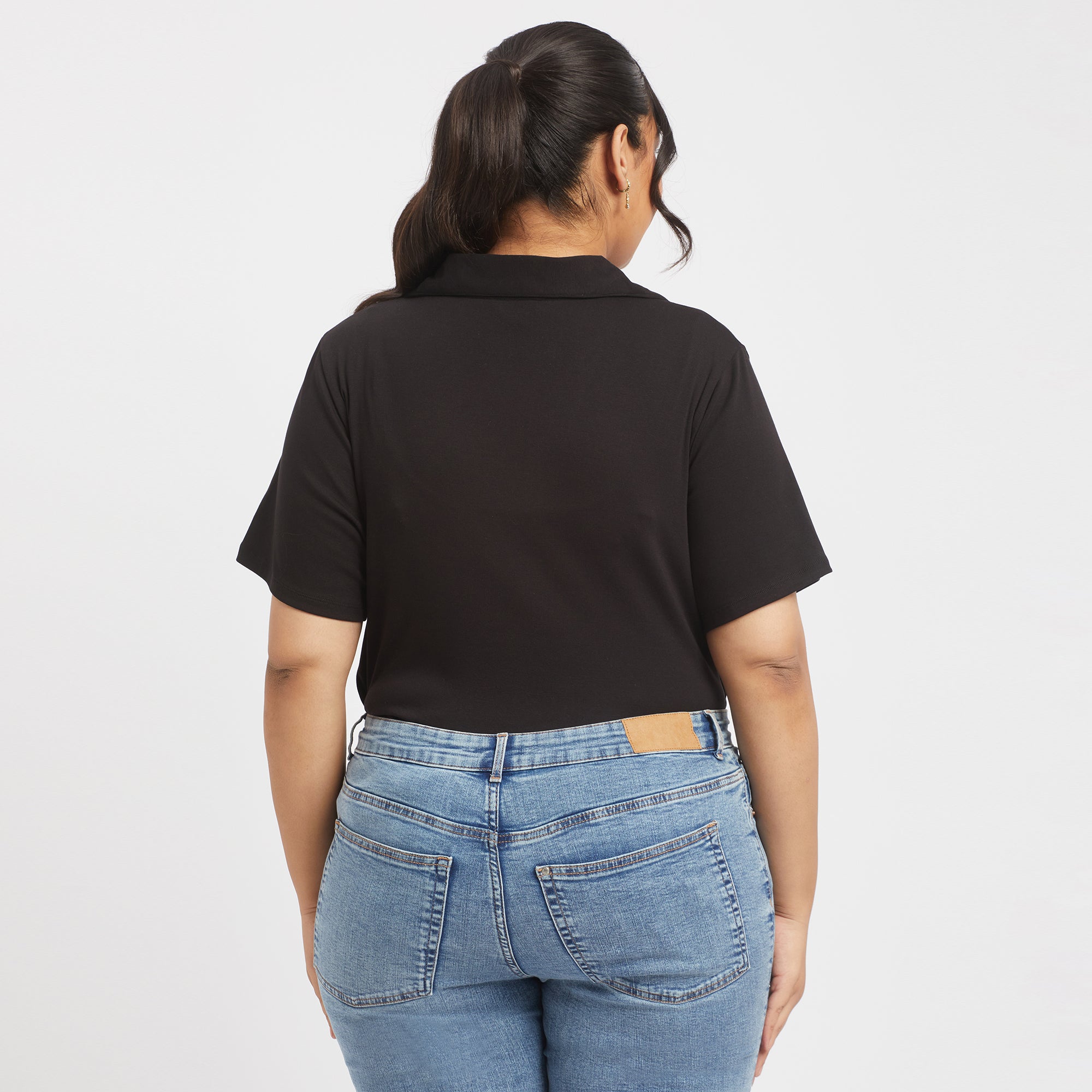 Black cotton rib plus size collared top