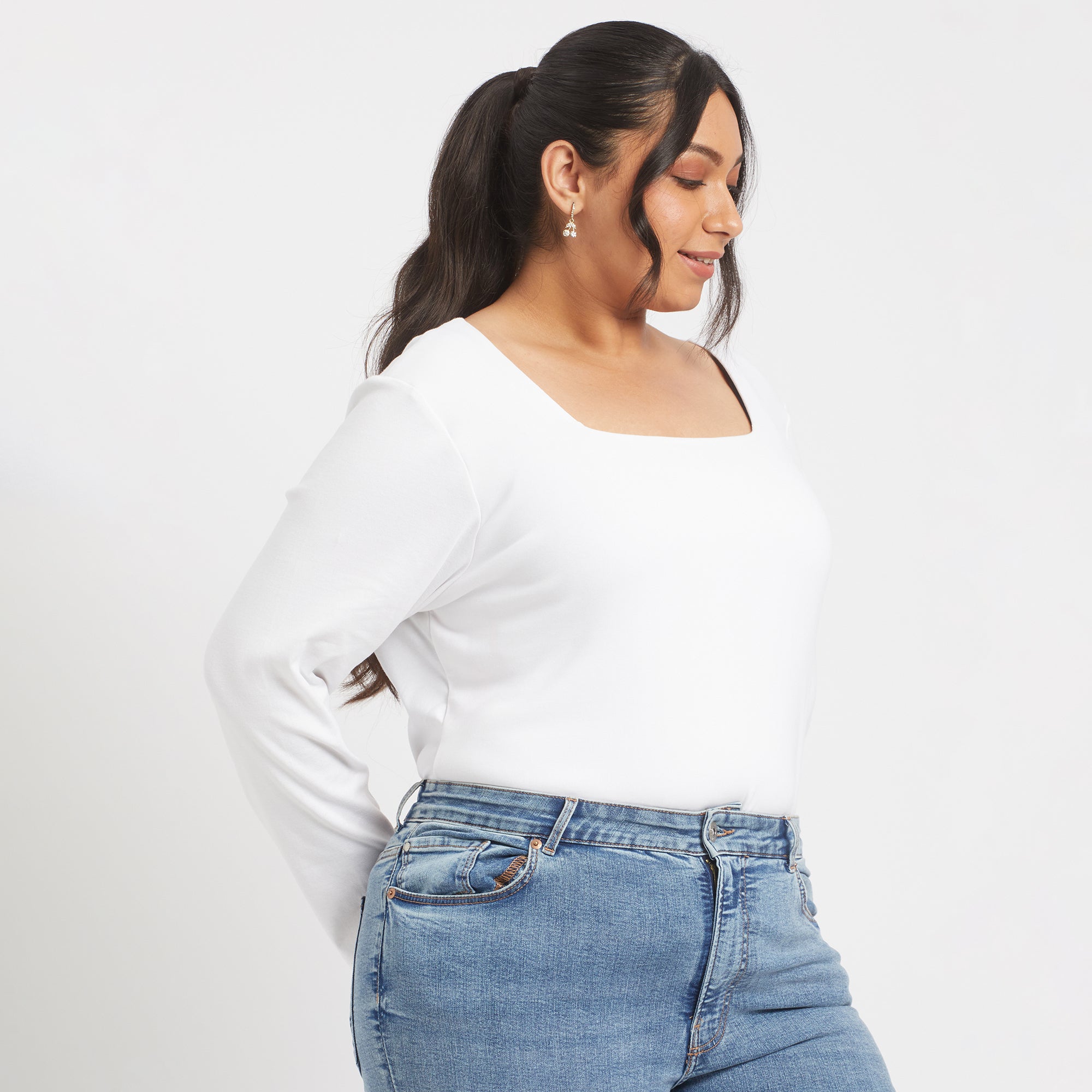 White cotton rib plus size square neck top