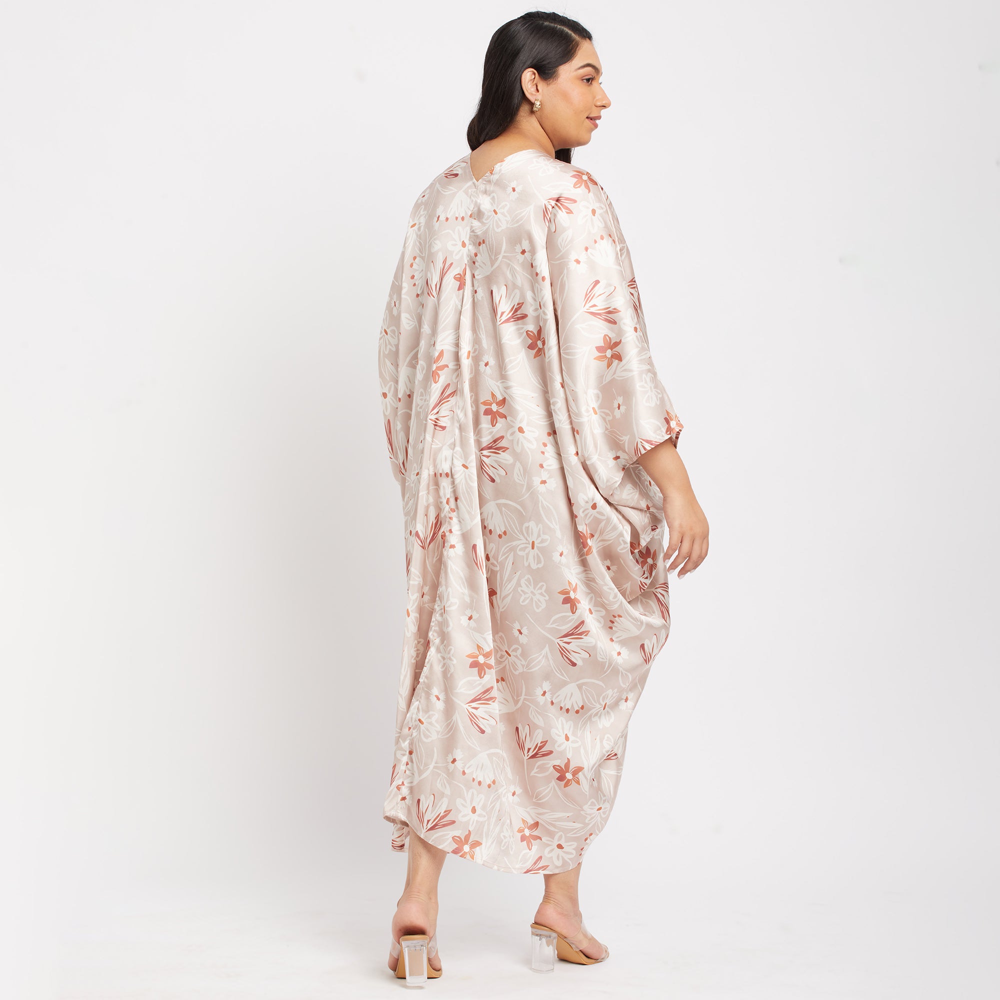 Button Detail Satin Print Plus Size Kaftan