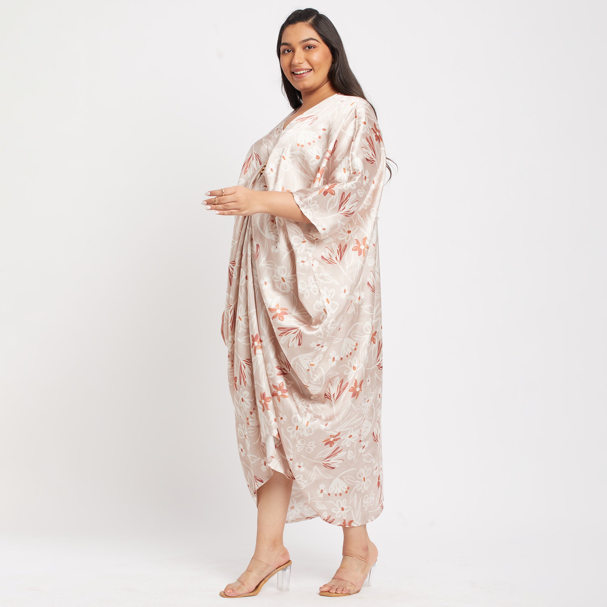 Button Detail Satin Print Plus Size Kaftan