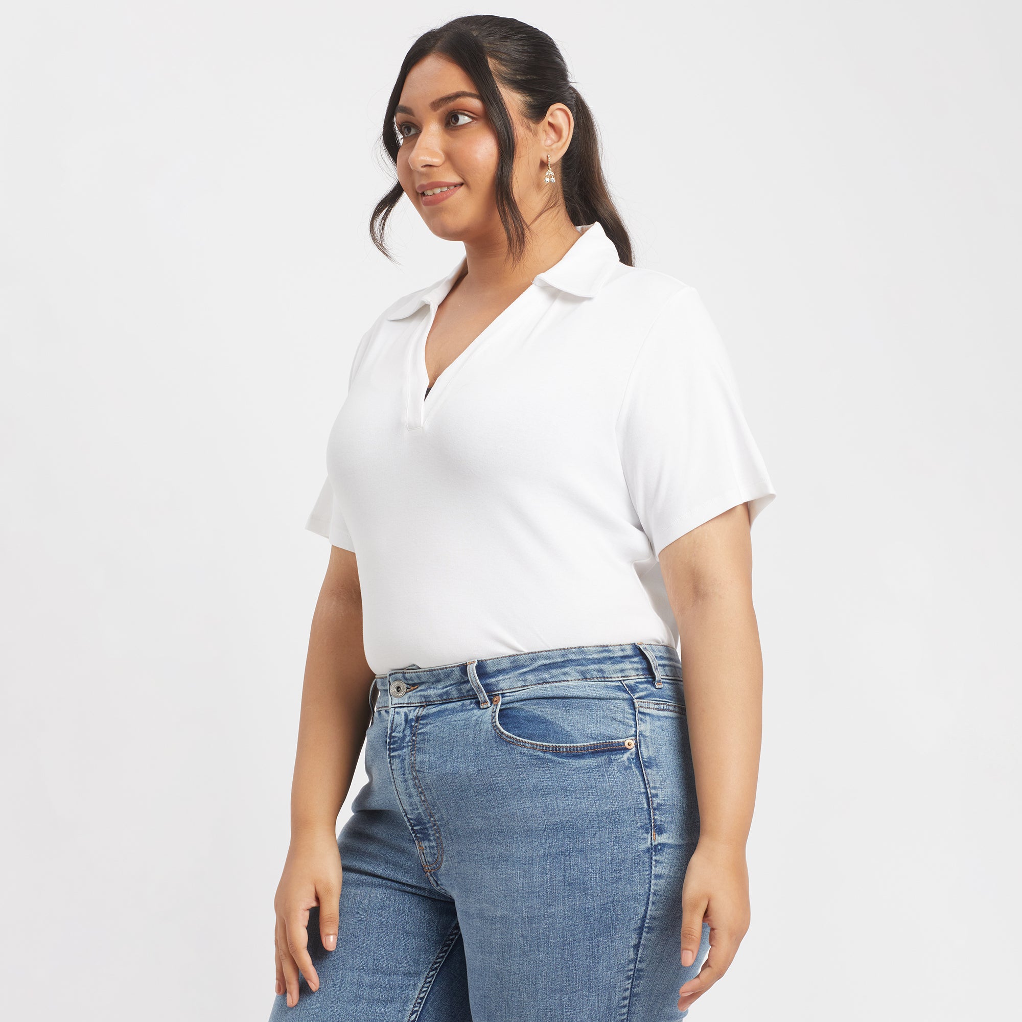 White Cotton Rib Plus Size Collared Top