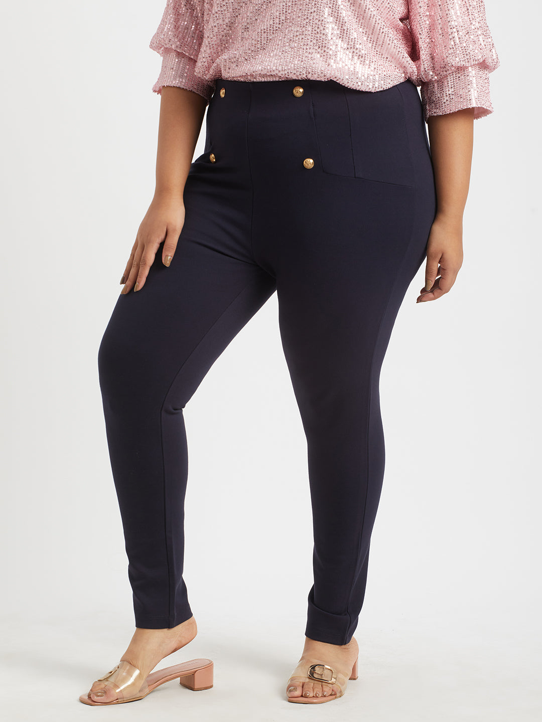 Navy Plus Size Buttoned Tailored Trousers