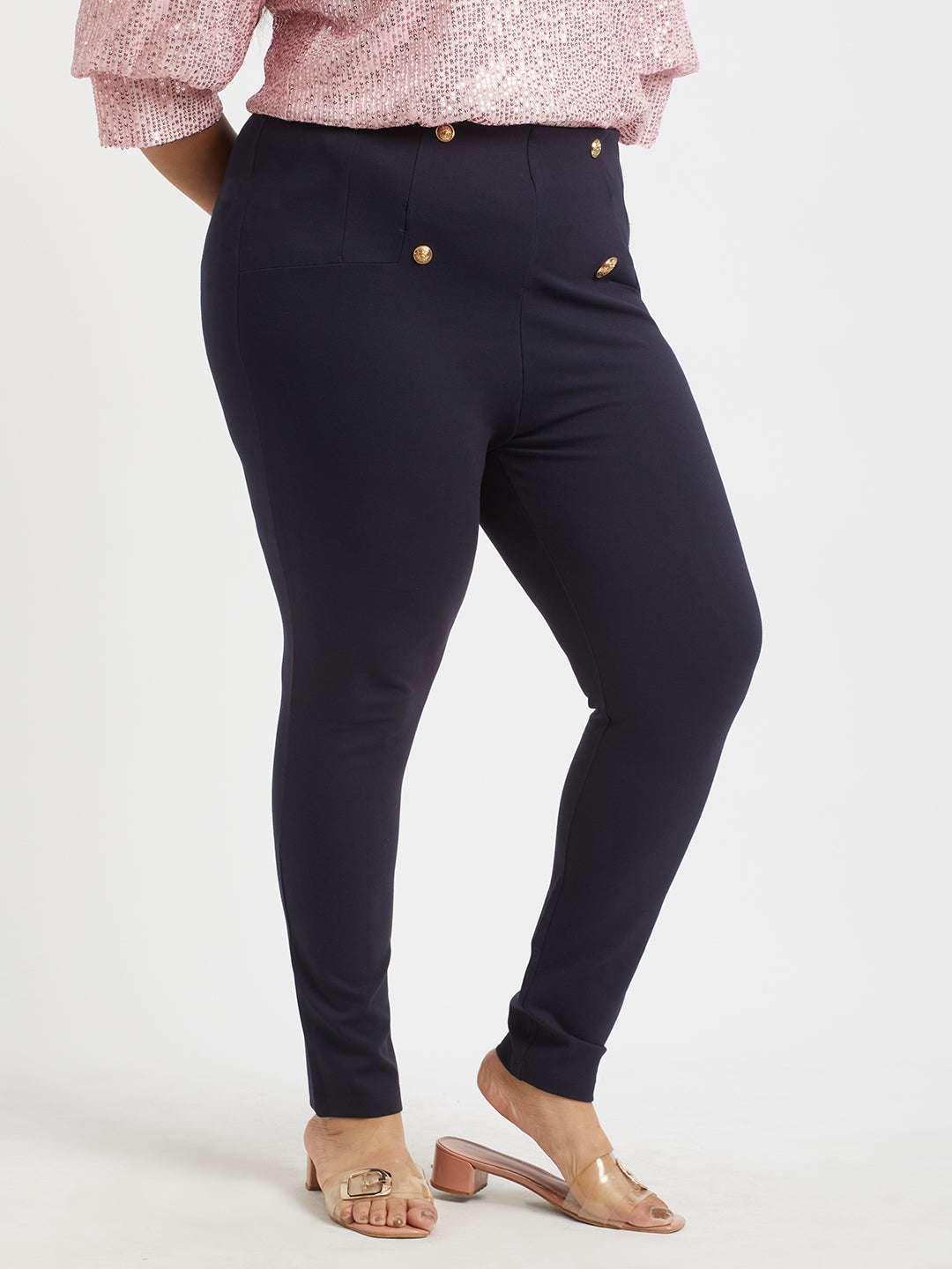 Navy Plus Size Buttoned Tailored Trousers