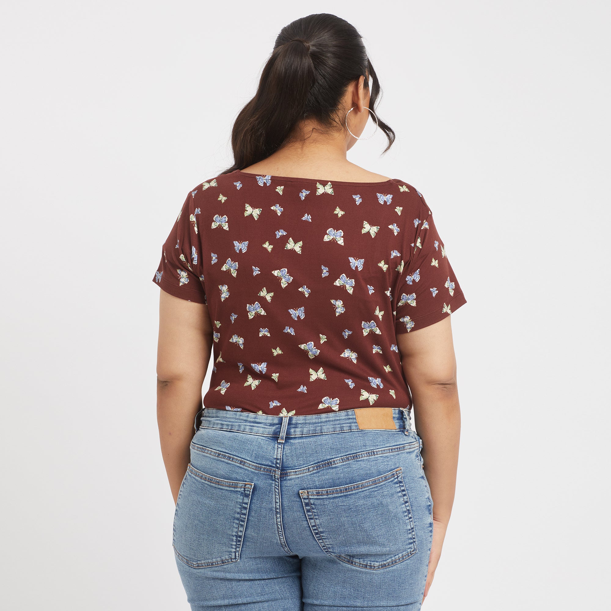 Brown butterfly print plus size square neck Top