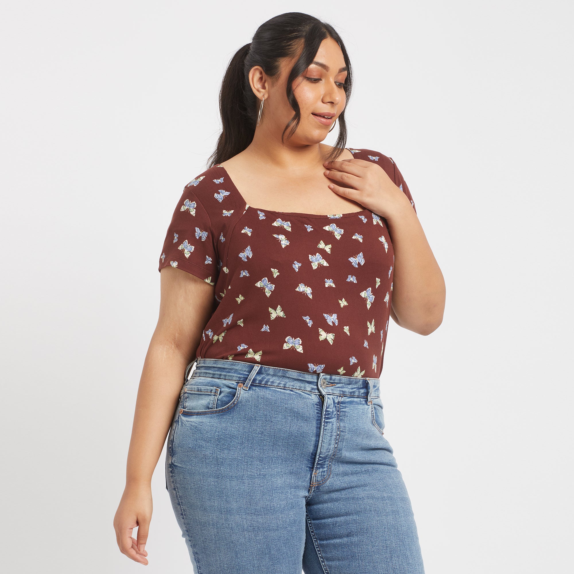 Brown butterfly print plus size square neck Top