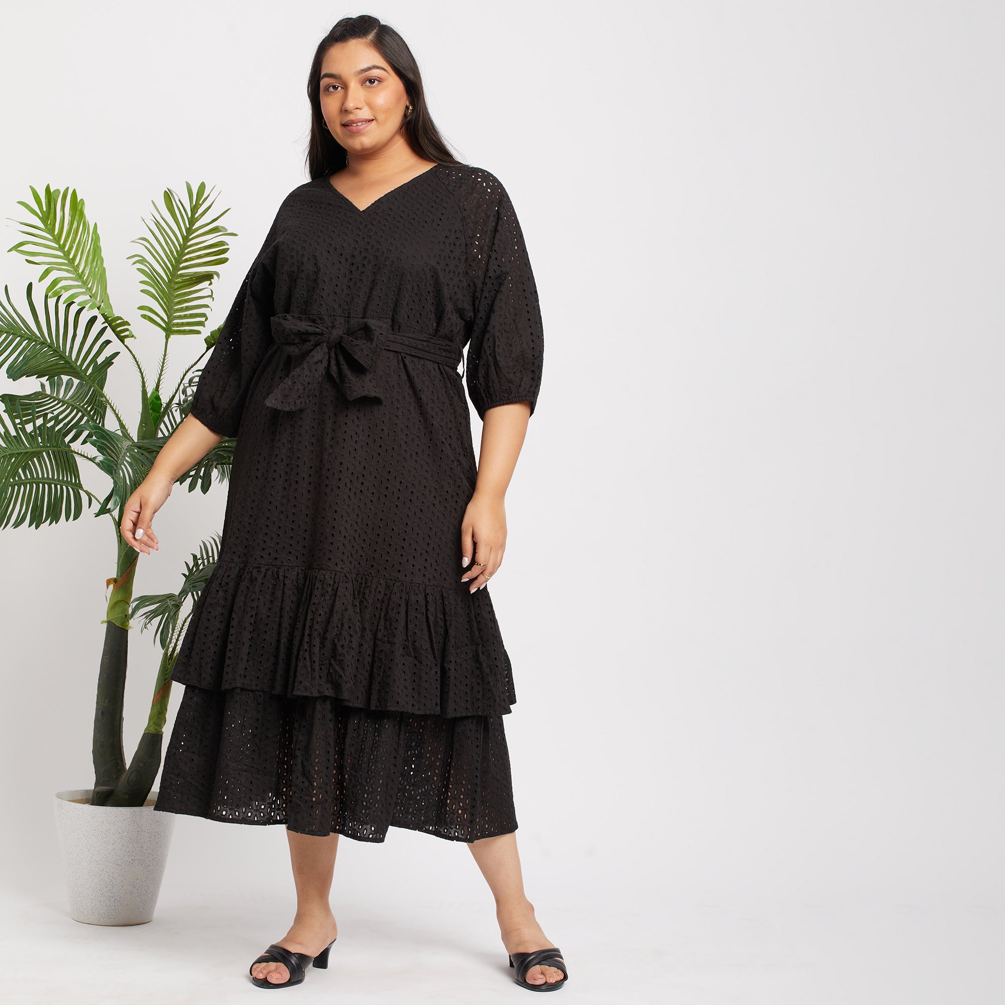 Black Schiffli Plus Size Maxi Dress