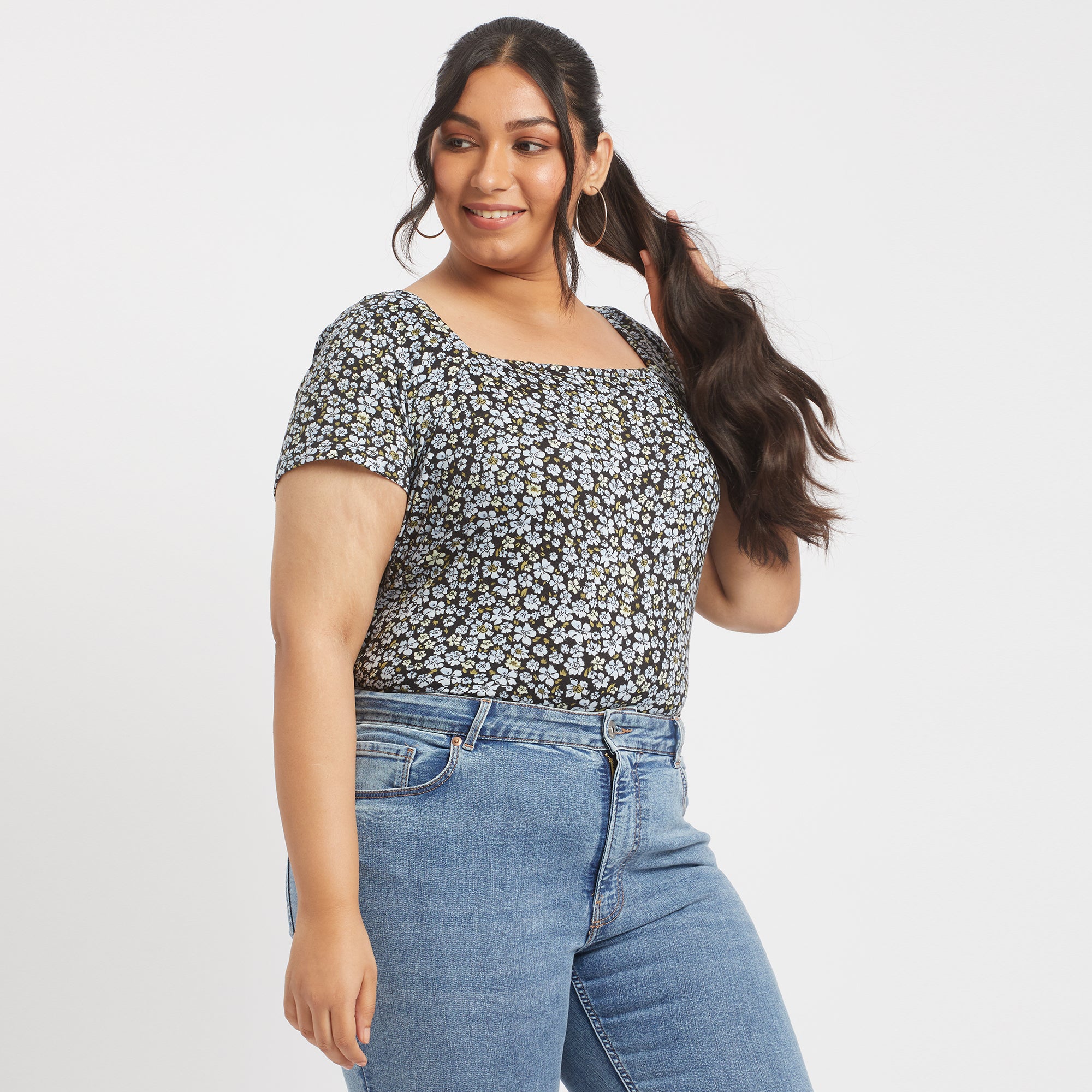 Blue ditsy floral  plus size square neck rib top