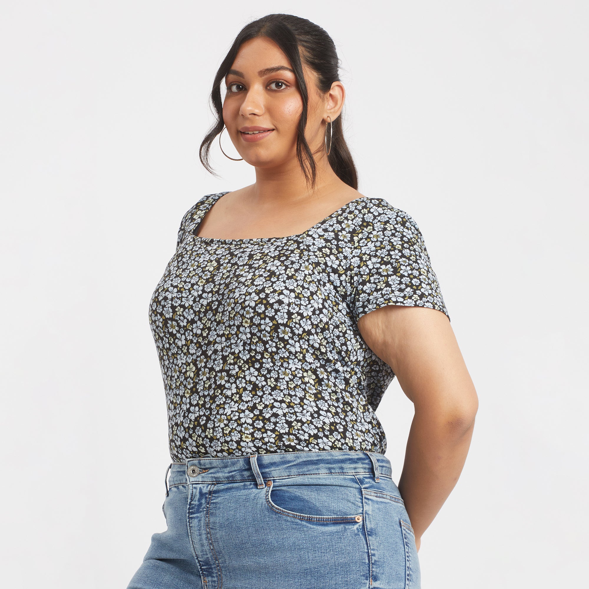 Blue ditsy floral  plus size square neck rib top