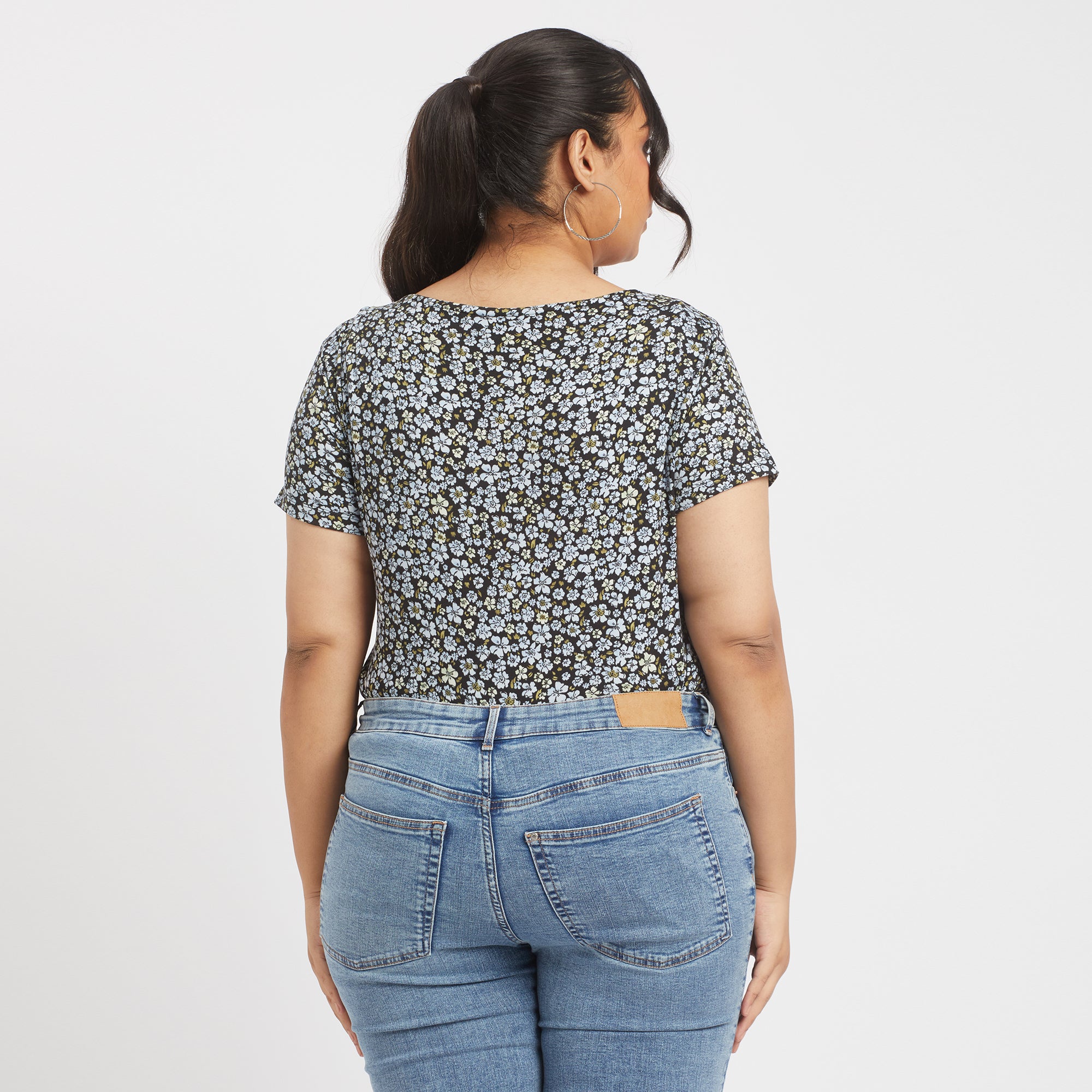 Blue ditsy floral  plus size square neck rib top