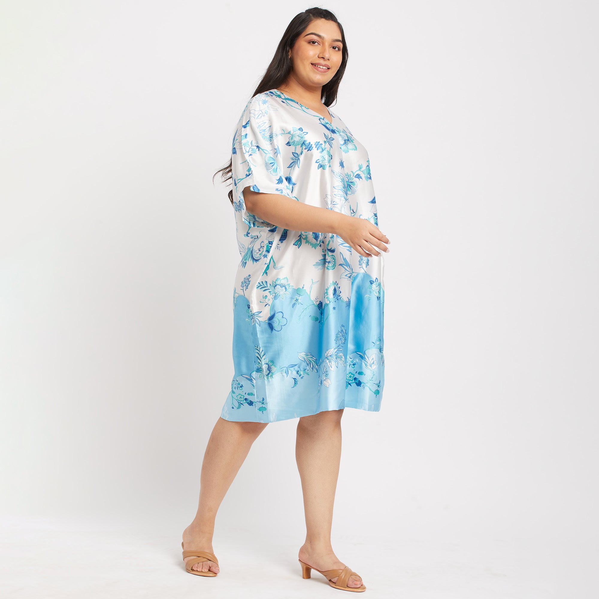 Blue Print Satin Plus Size Kaftan