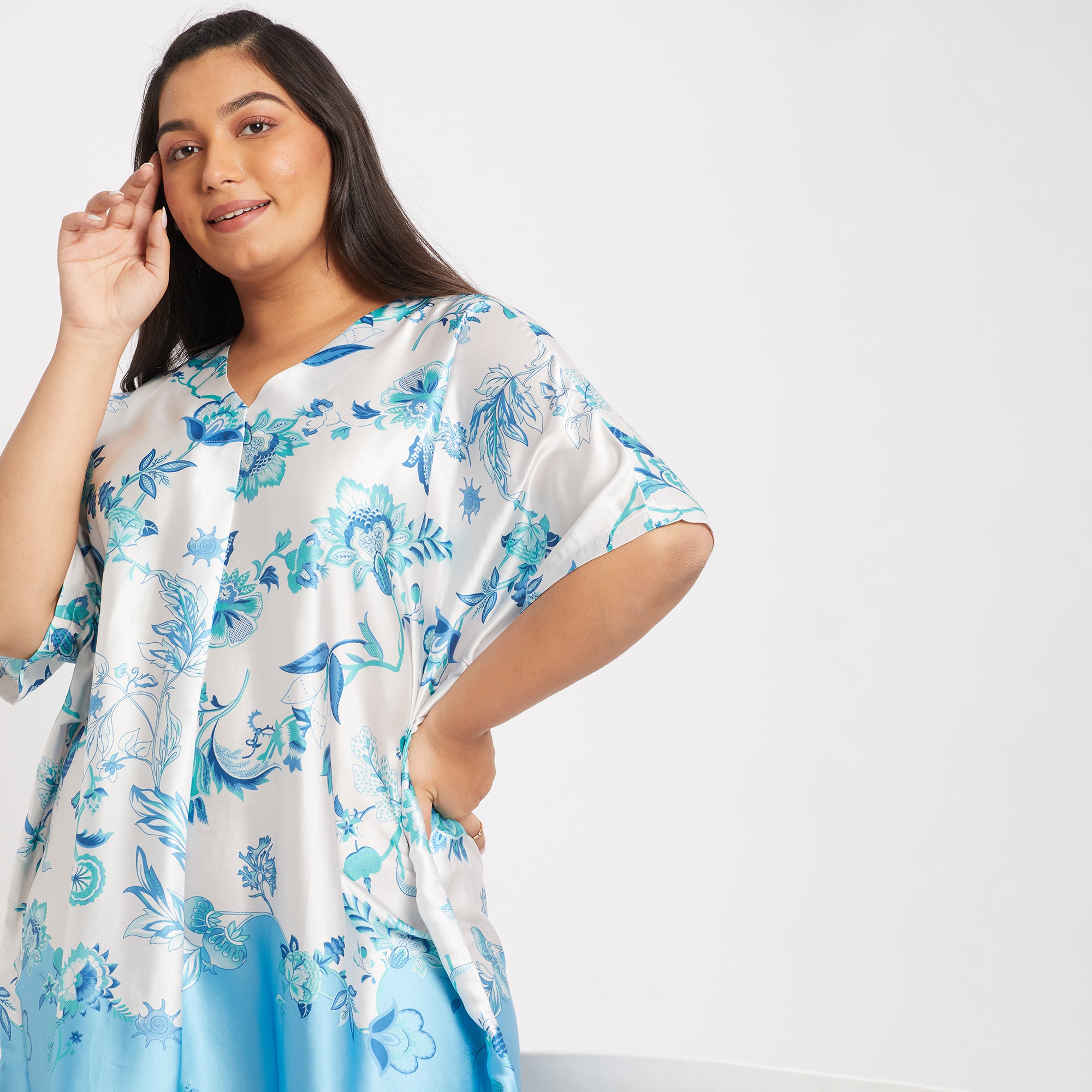 Blue Print Satin Plus Size Kaftan