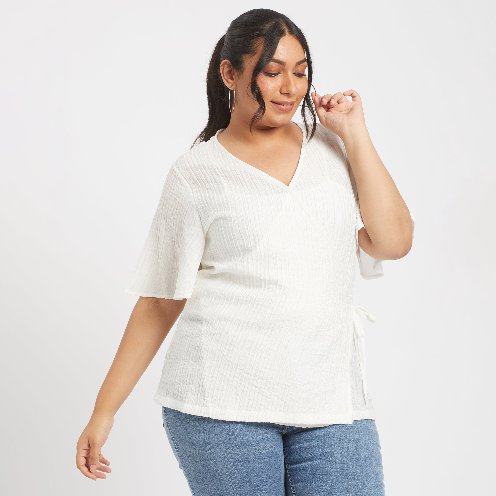 White viscose nylon plus size wrap top