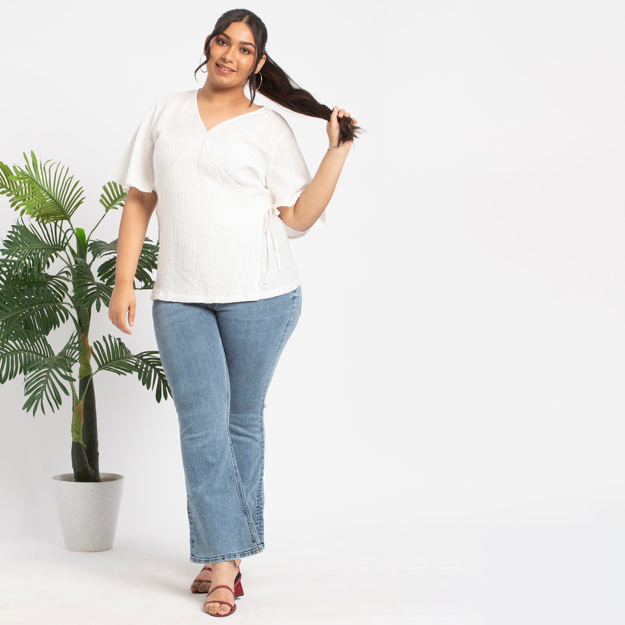 White viscose nylon plus size wrap top