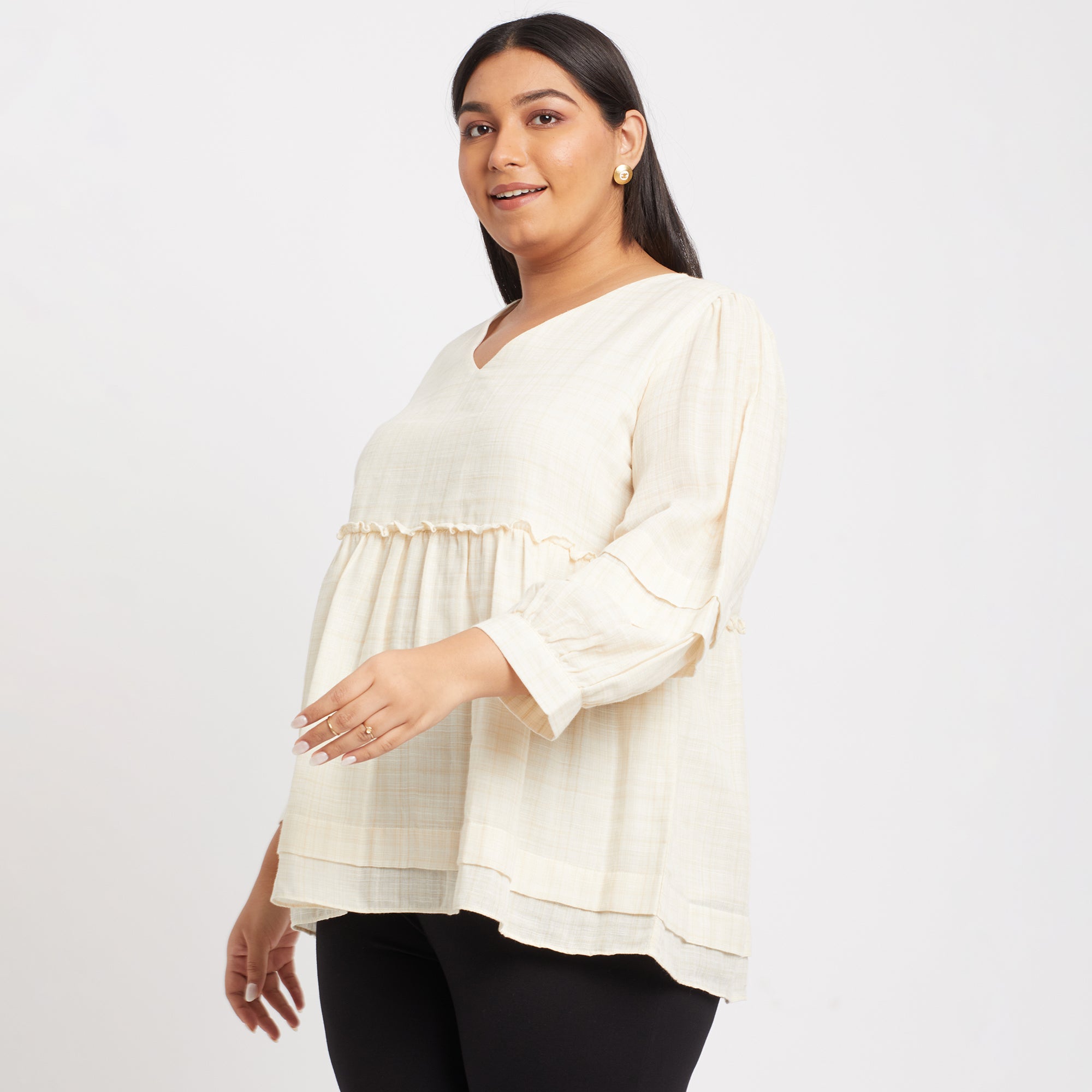 Creme Cotton Voile Plus Size Pleated Top