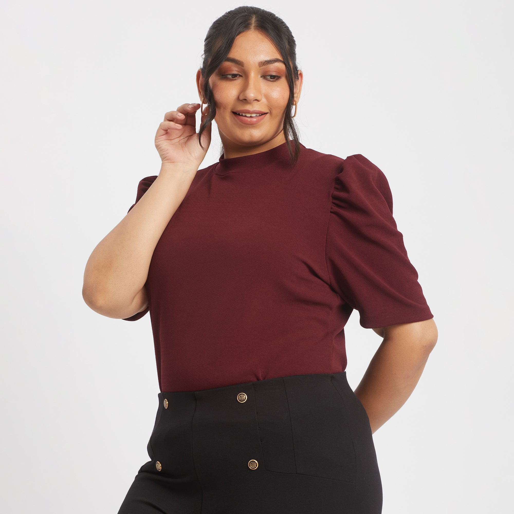 Maroon textured knit plus size puff sleeves top