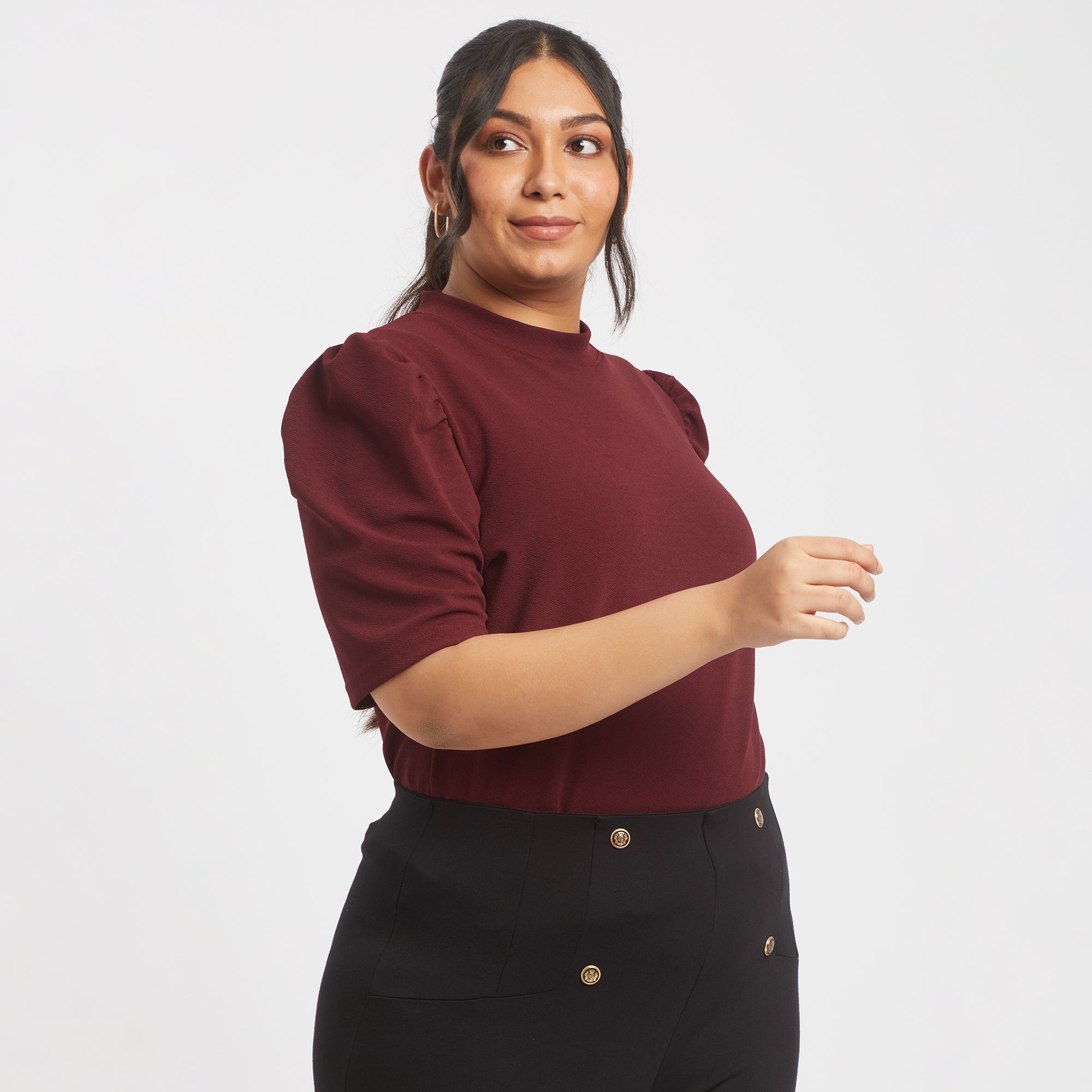 Maroon textured knit plus size puff sleeves top