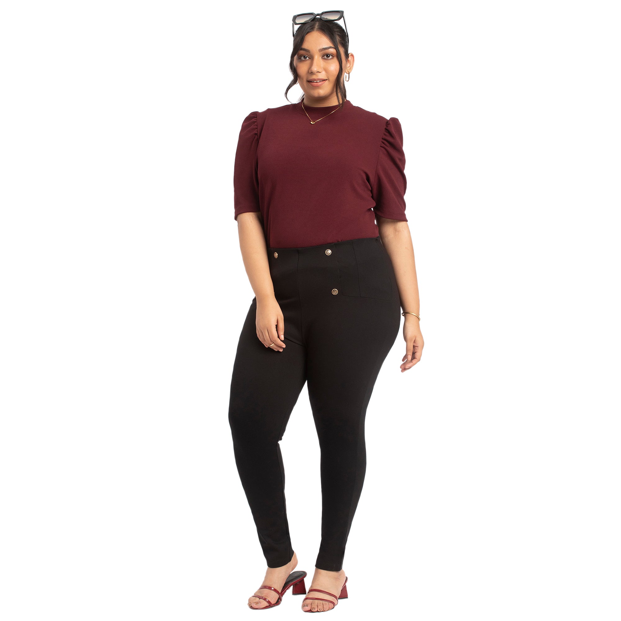 Maroon textured knit plus size puff sleeves top