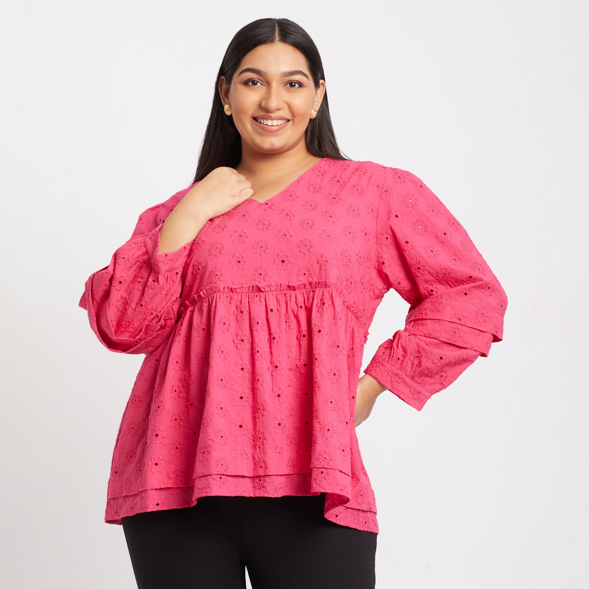 Pink Schiffli Plus Size Pleated Top