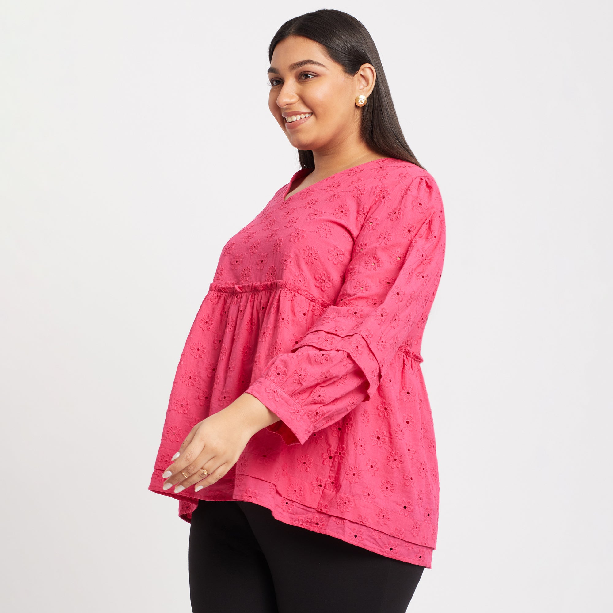 Pink Schiffli Plus Size Pleated Top