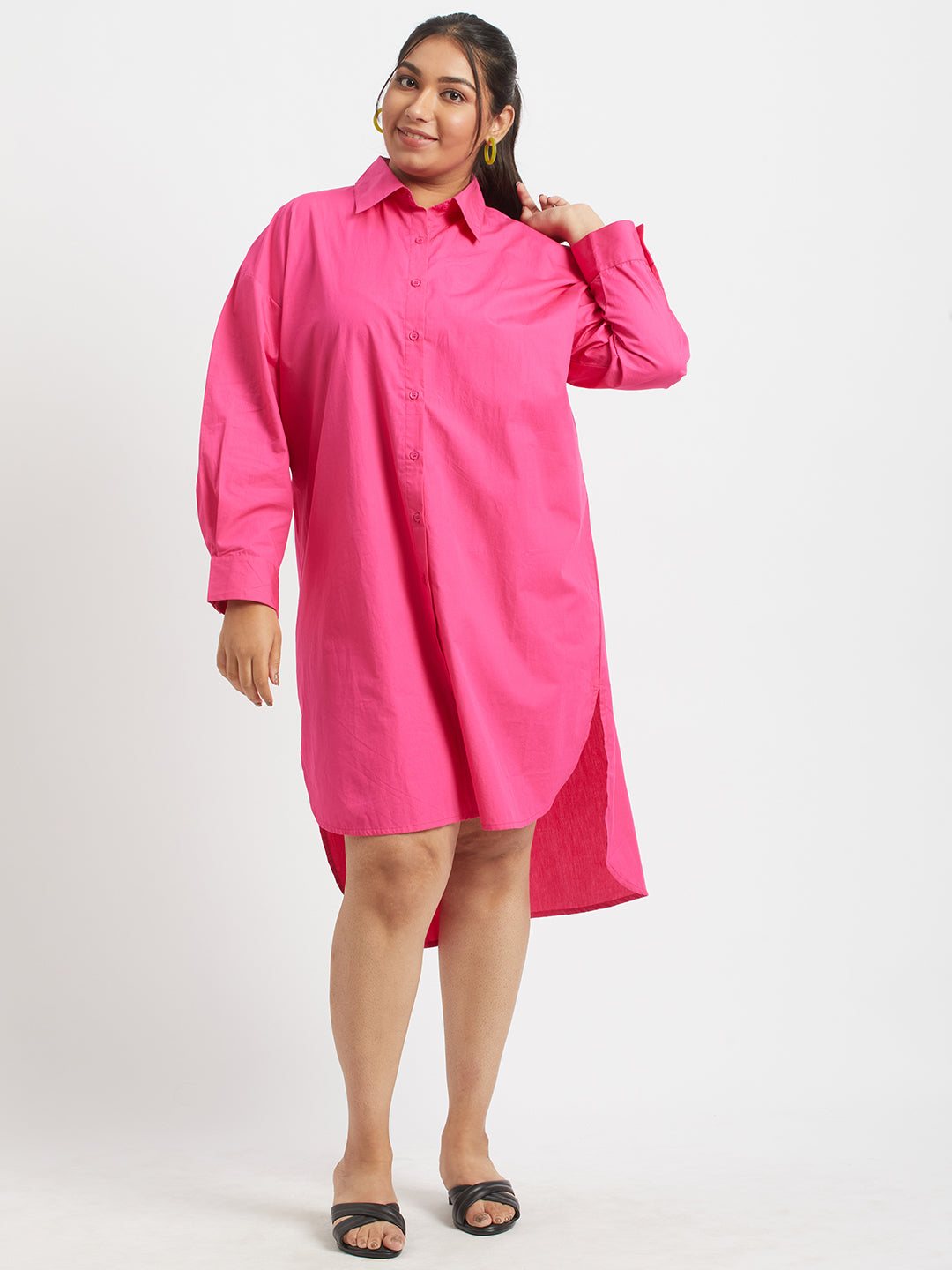 Hot Pink Shirt Dress For Plus Size Women