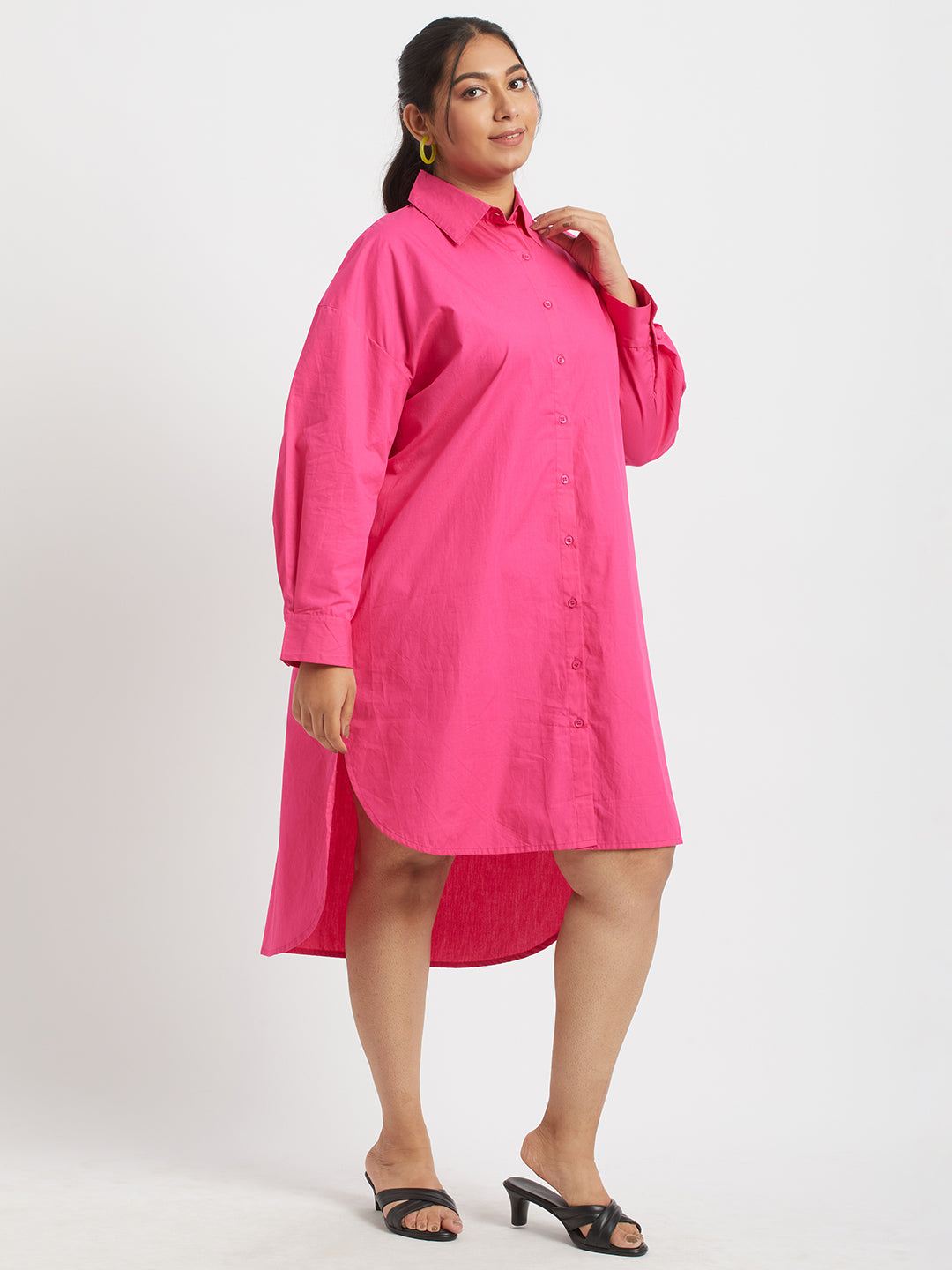 Hot Pink Shirt Dress For Plus Size Women