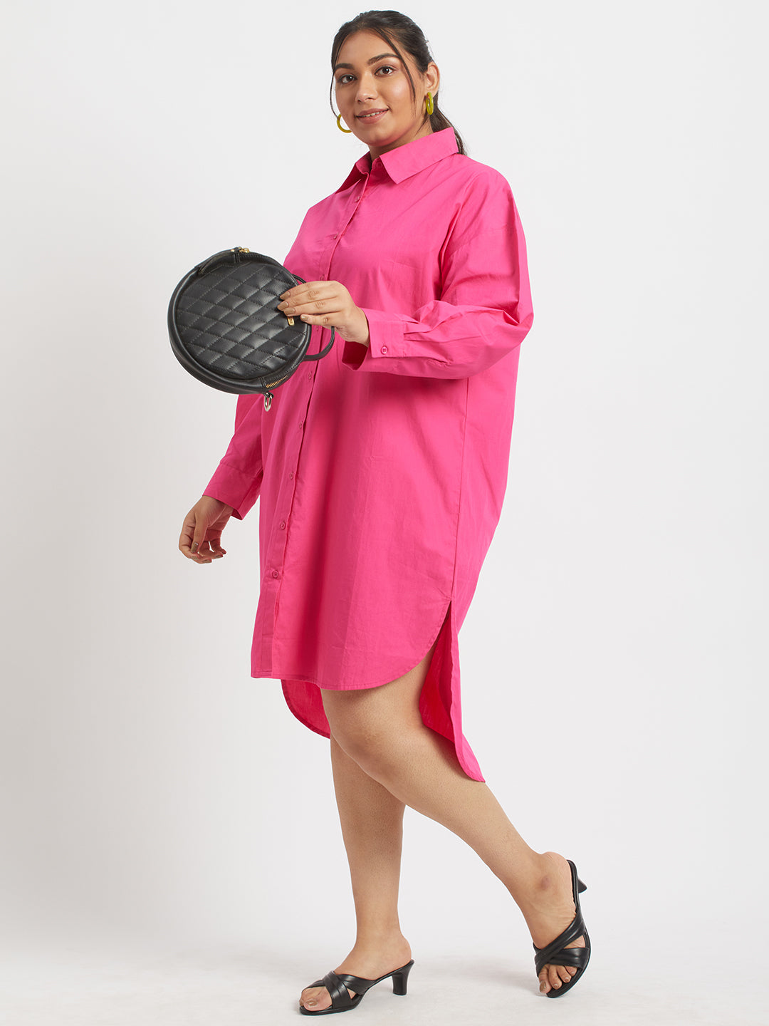 Hot Pink Shirt Dress For Plus Size Women