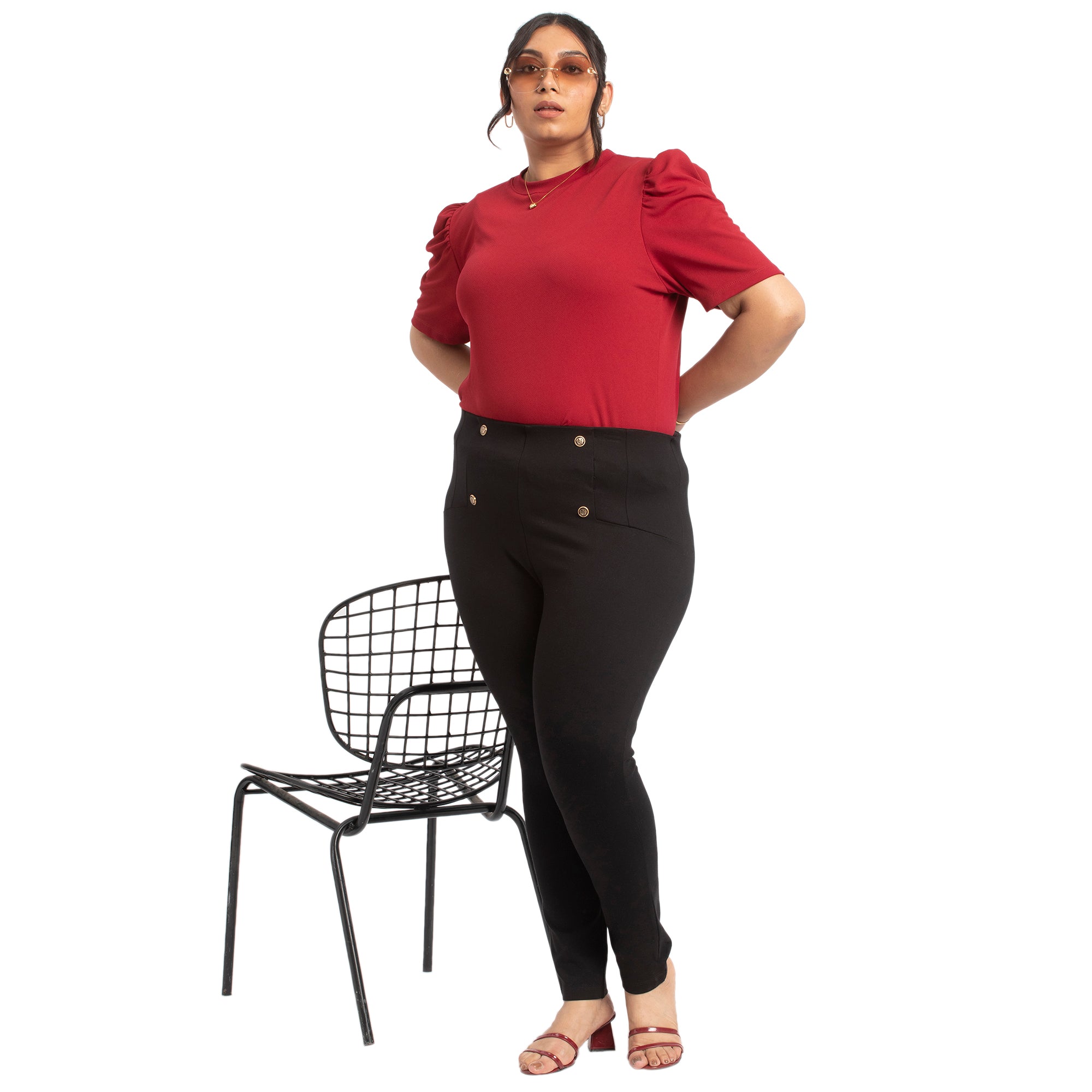 Red textured knit plus size puff sleeves top