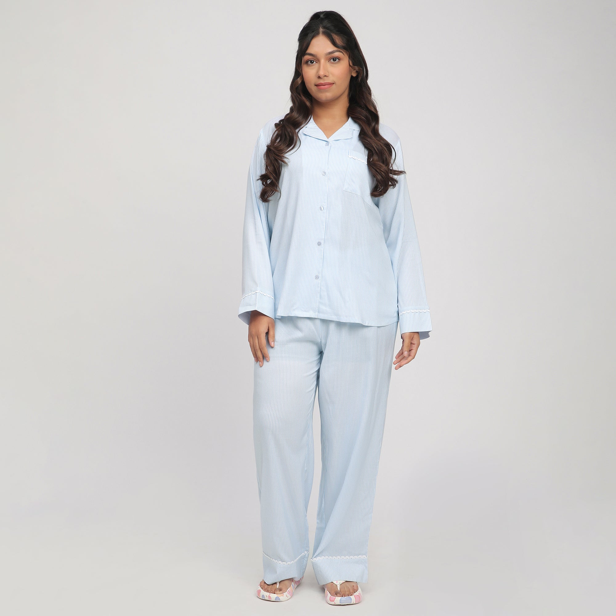 Blue & White Plus-Size Striped Viscose PJ Set with Lace Inserts