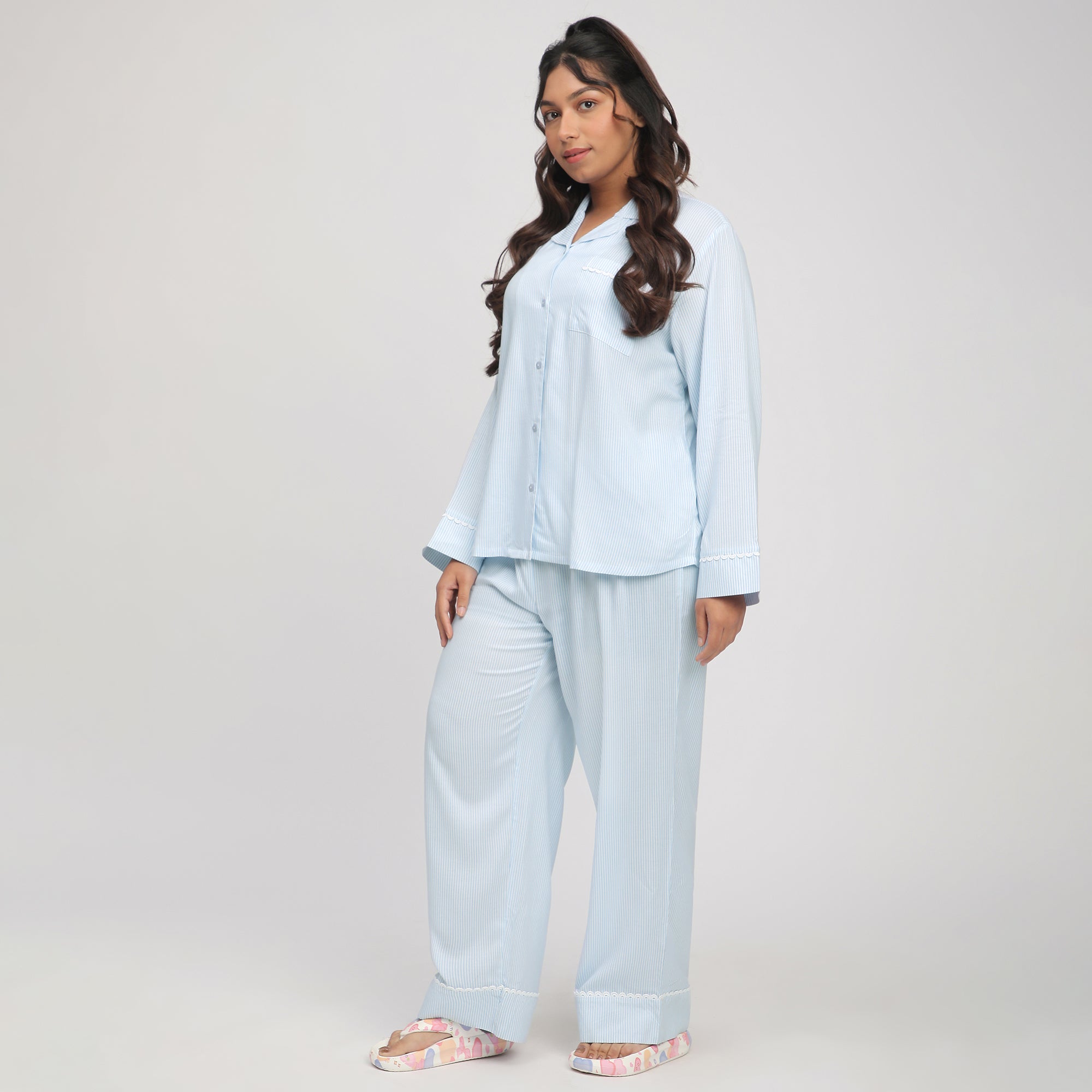 Blue & White Plus-Size Striped Viscose PJ Set with Lace Inserts