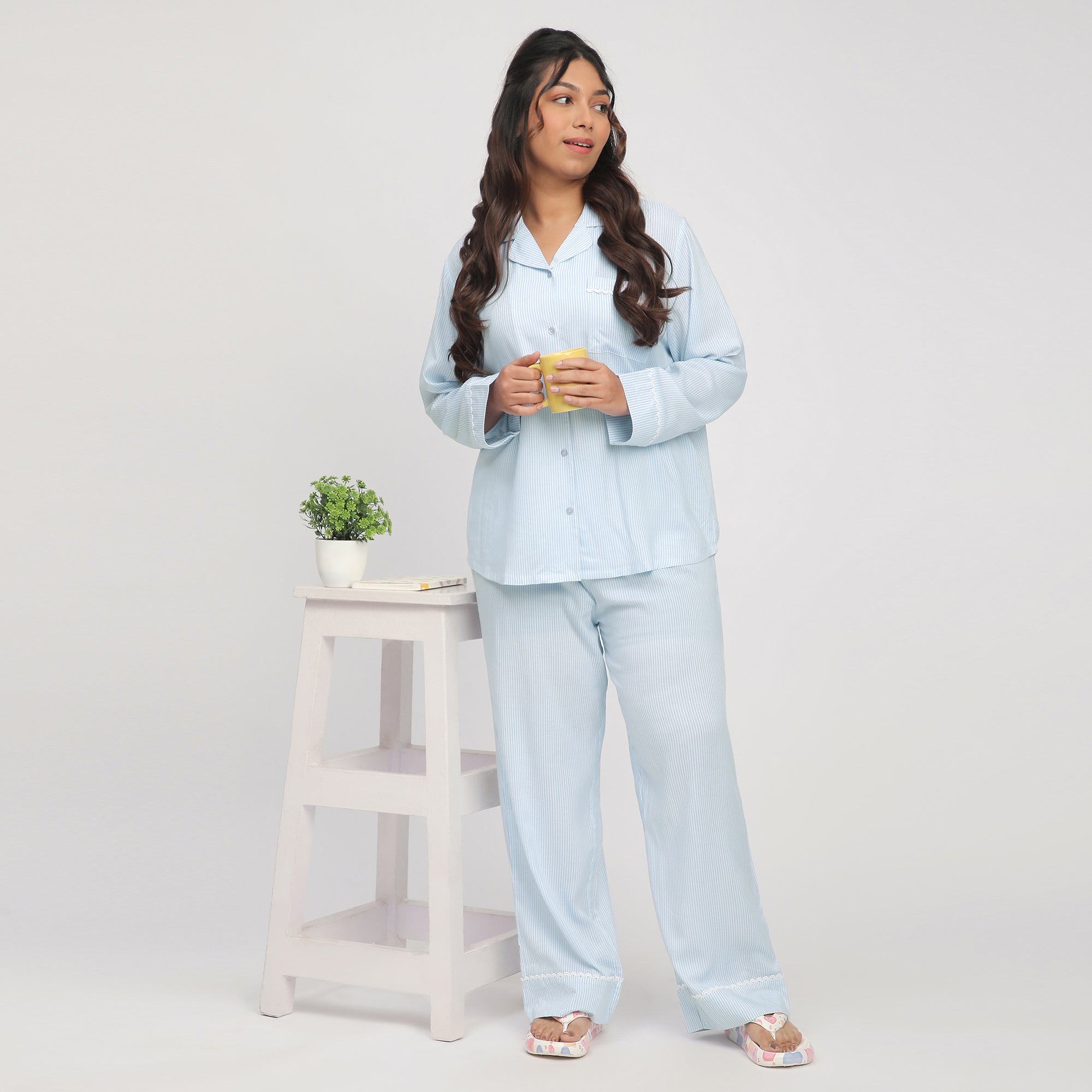 Blue & White Plus-Size Striped Viscose PJ Set with Lace Inserts