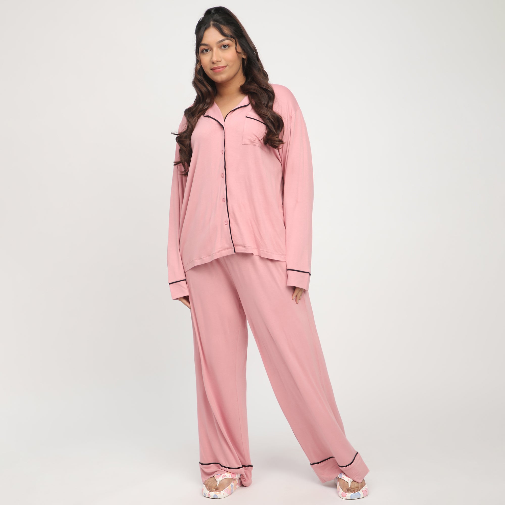 Blush Plus-Size Viscose Knit PJ Set with Contrast Piping