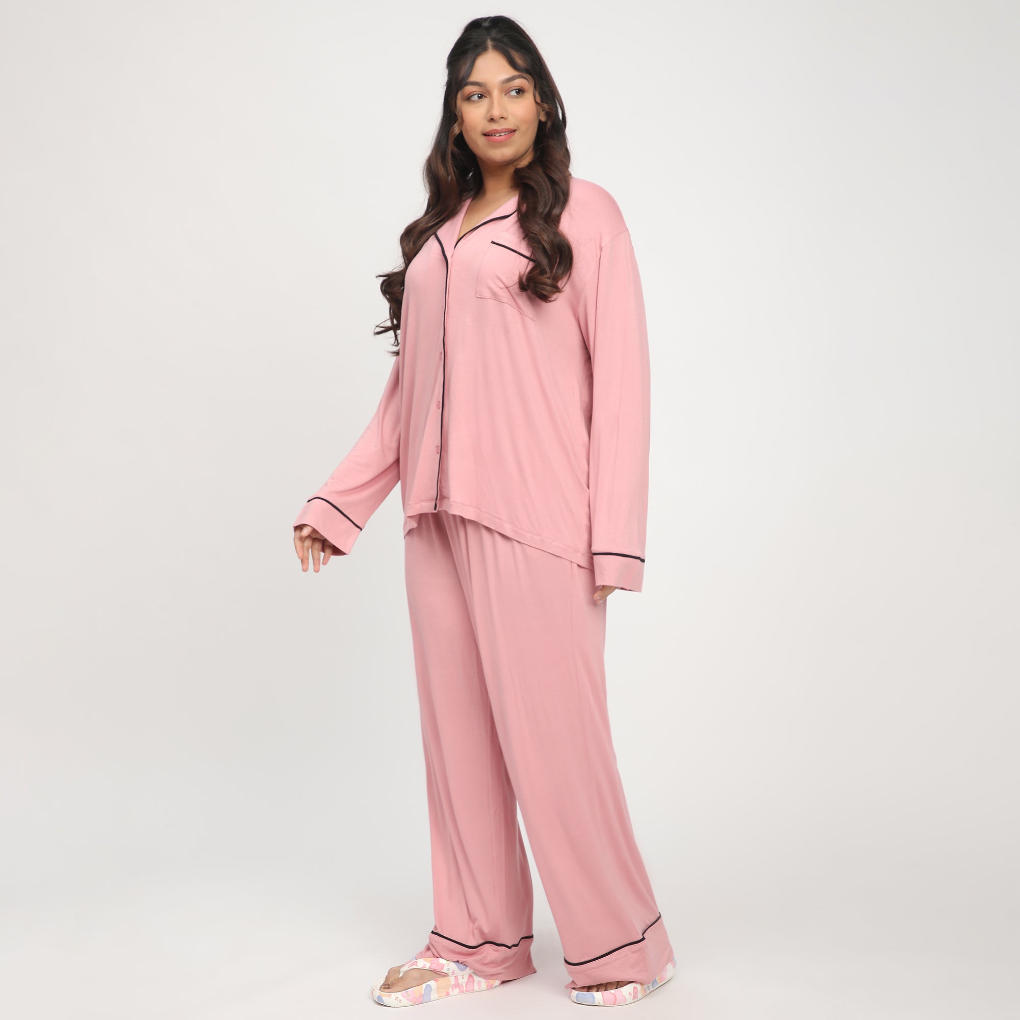 Blush Plus-Size Viscose Knit PJ Set with Contrast Piping