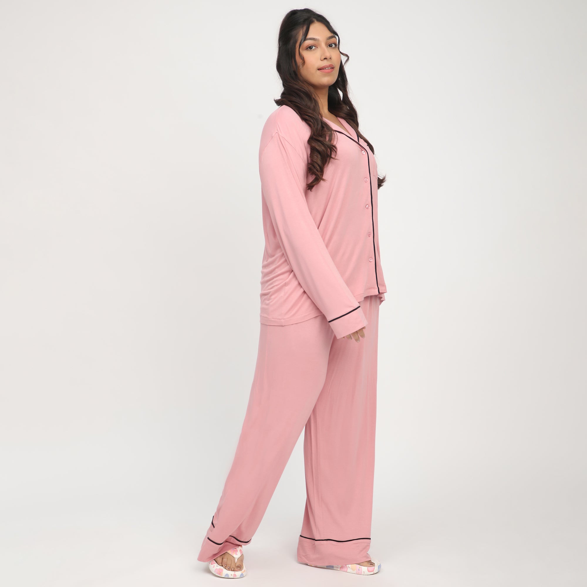 Blush Plus-Size Viscose Knit PJ Set with Contrast Piping