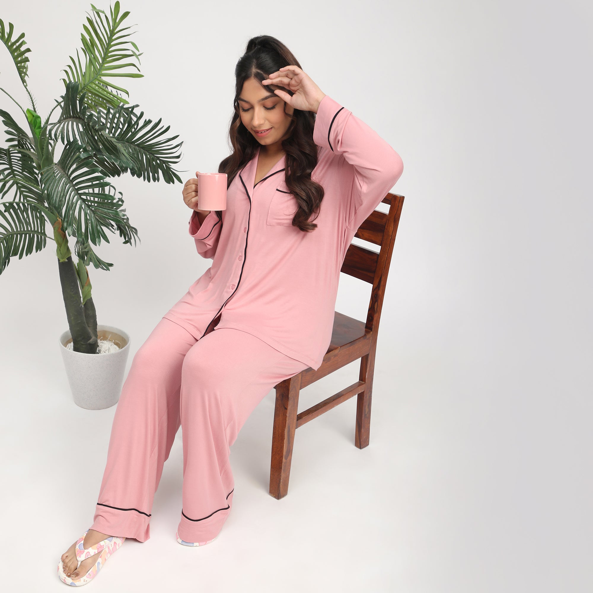 Blush Plus-Size Viscose Knit PJ Set with Contrast Piping