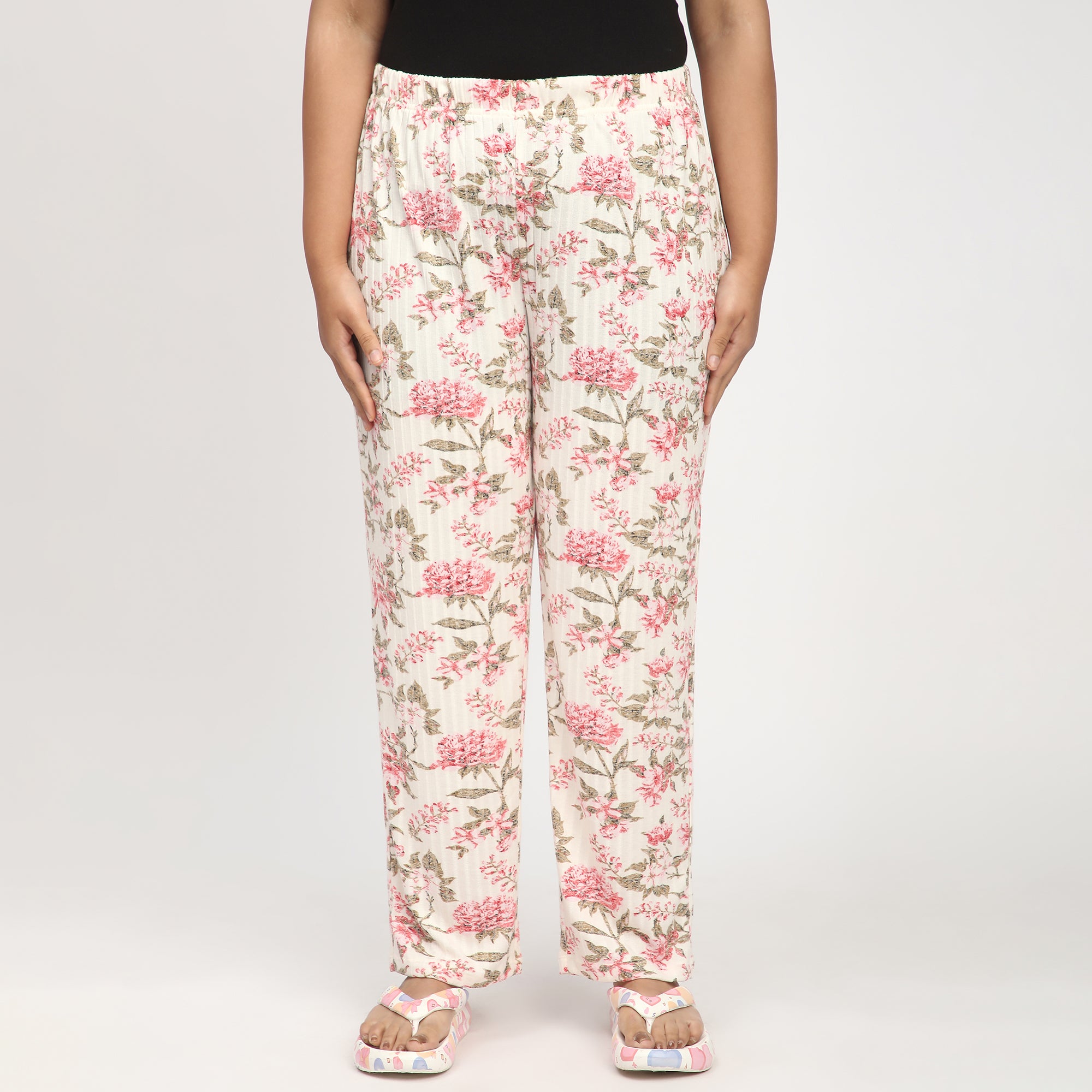 Cream Floral Print Plus-Size Ribbed PJ Set