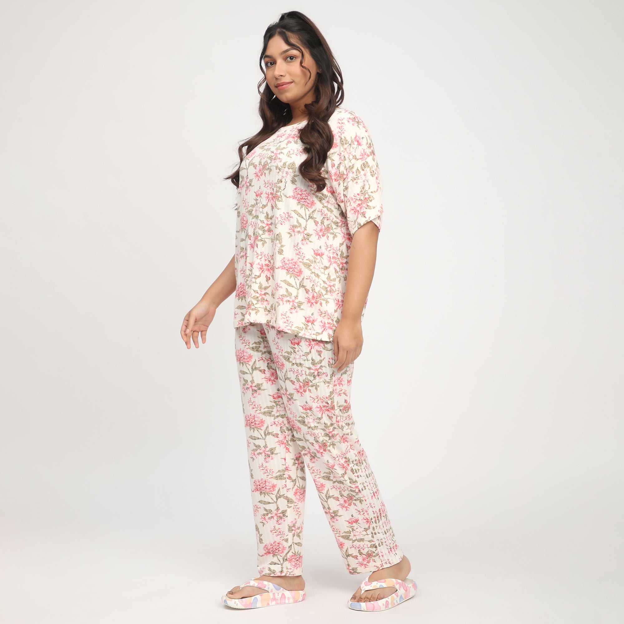 Cream Floral Print Plus-Size Ribbed PJ Set