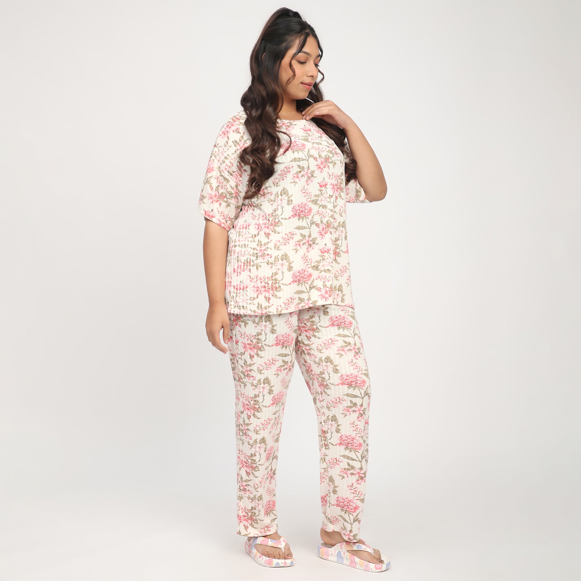 Cream Floral Print Plus-Size Ribbed PJ Set