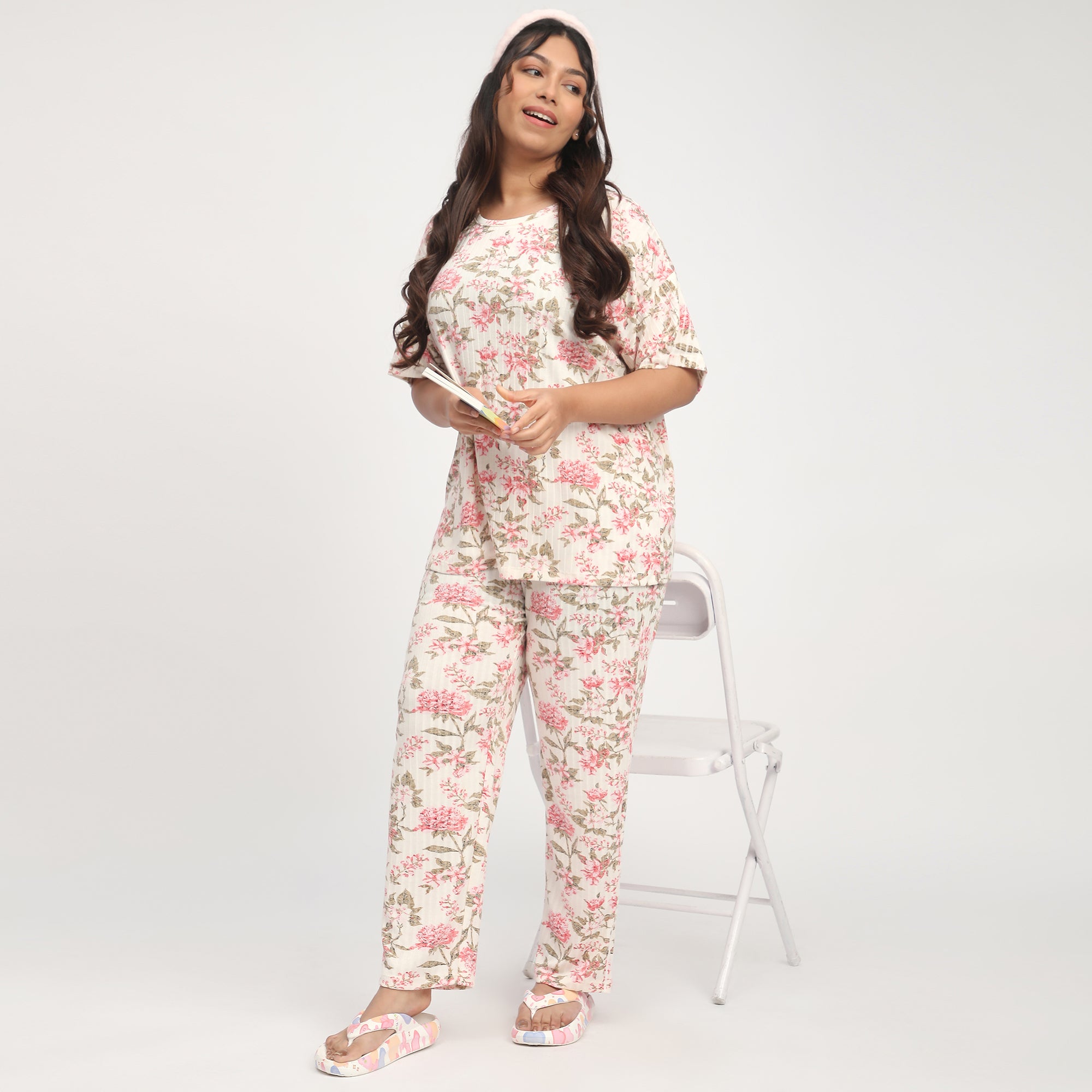 Cream Floral Print Plus-Size Ribbed PJ Set