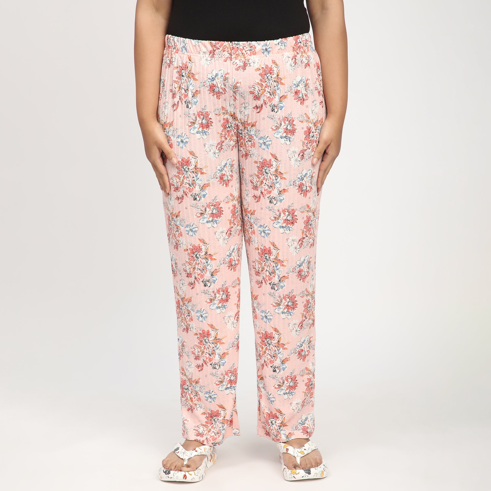 Peach Floral Print Plus-Size Ribbed PJ Set