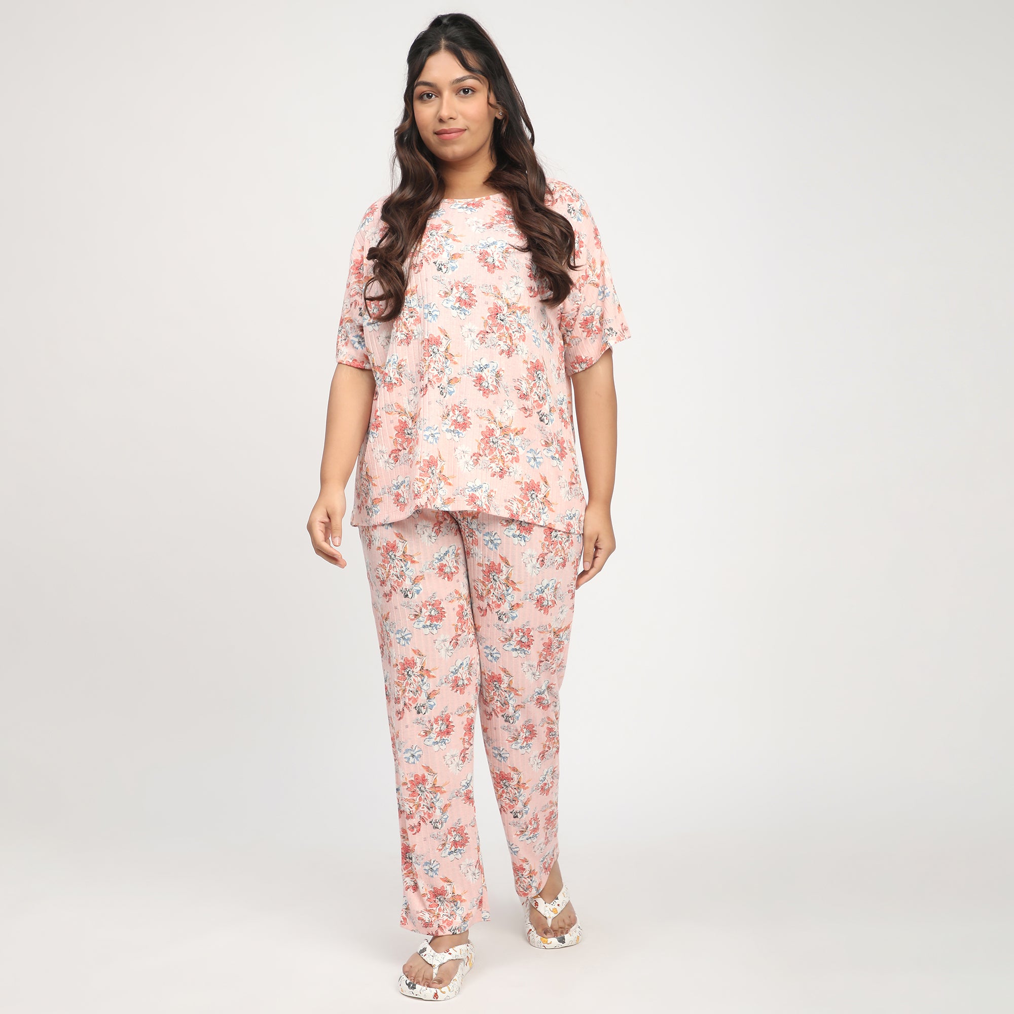 Peach Floral Print Plus-Size Ribbed PJ Set