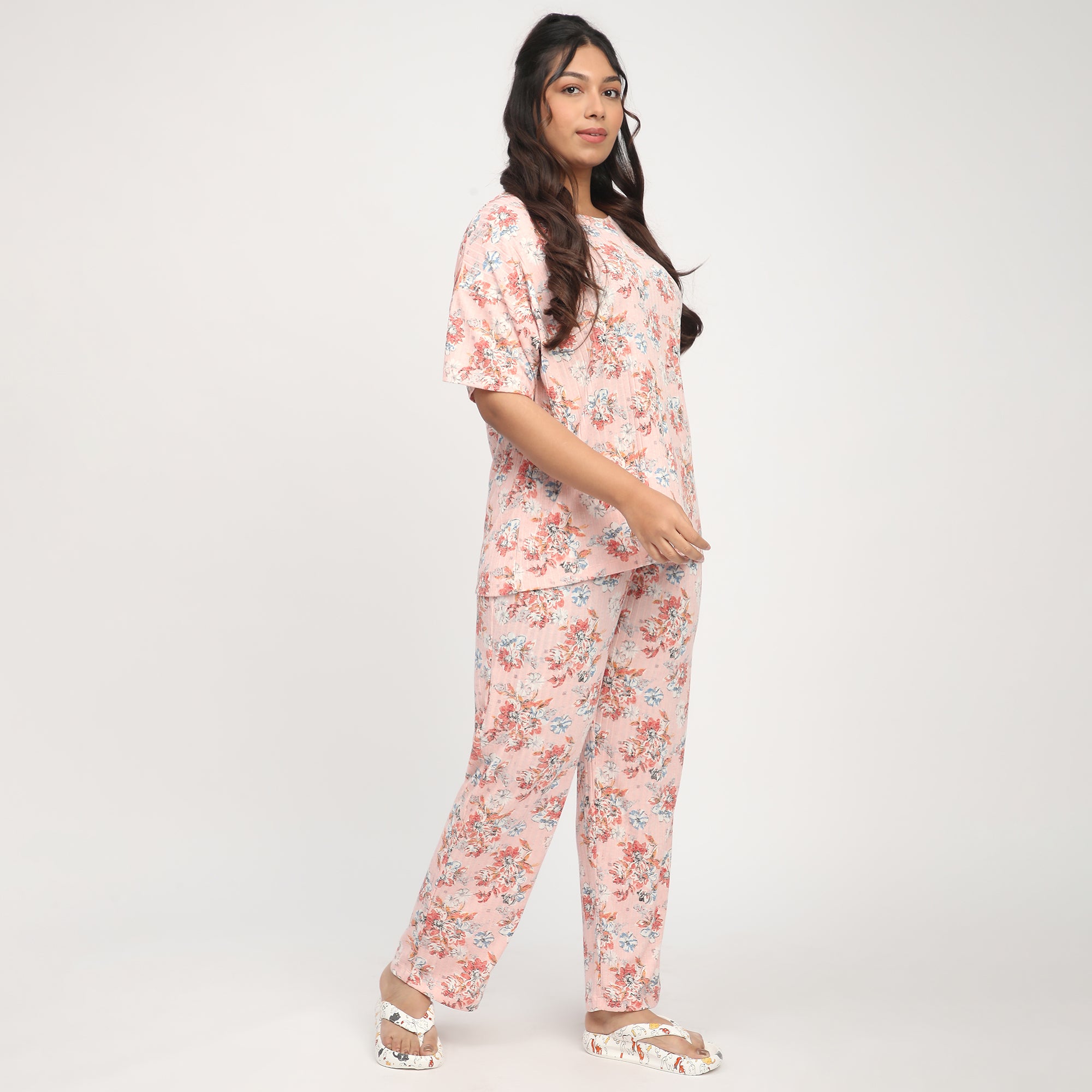 Peach Floral Print Plus-Size Ribbed PJ Set